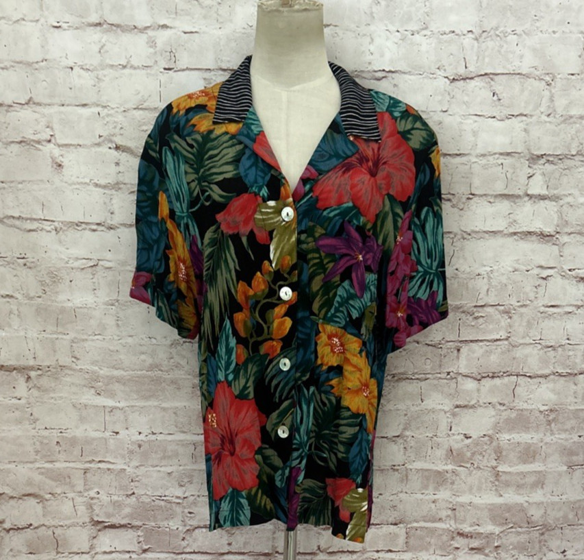 Carole Little Tropical Hibiscus Floral Button Up Blouse Top Shirt Rayon Size 8
