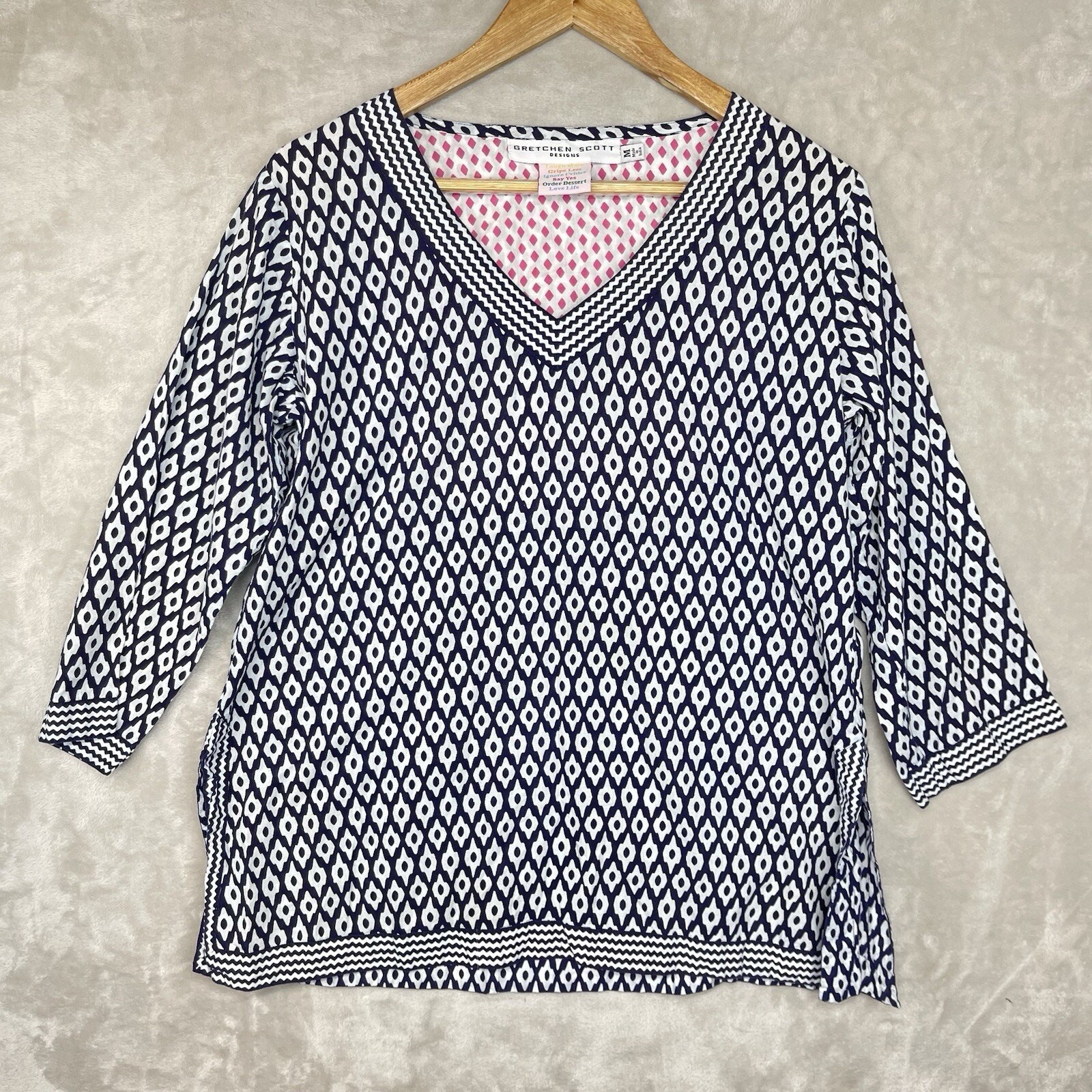 Gretchen Scott Navy White Geometric Ikat Print 3/4 Sleeve Tunic Top Med Coastal