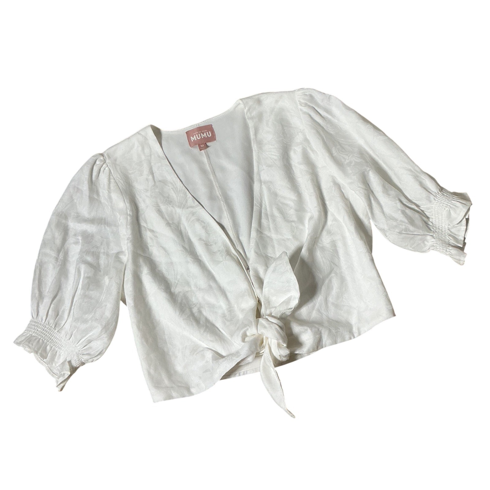 Show Me Your Mumu Floral Jacquard Tie Front Blouse Women M White Puff Sleeve Top