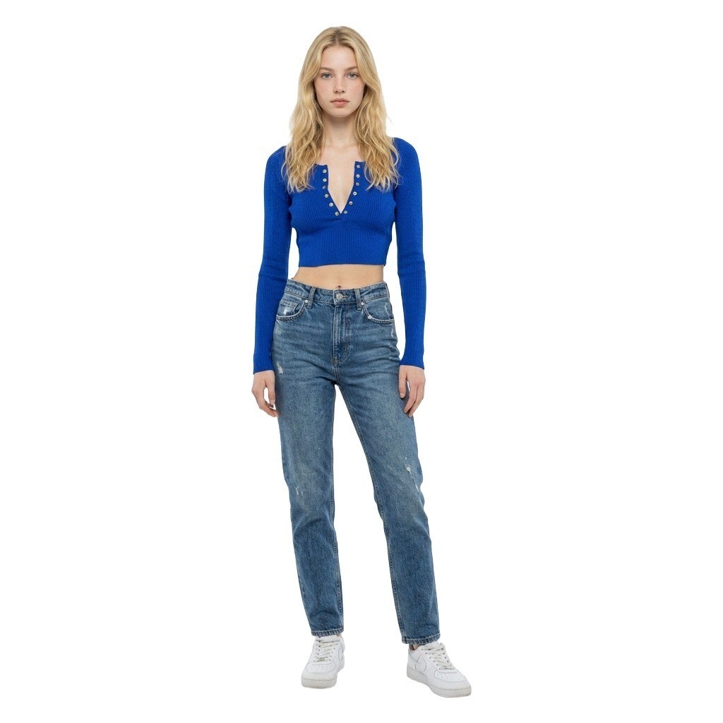 Love Tree Royal Blue Ribbed Knit Henley Crop Top Long Sleeve Snap Button Small