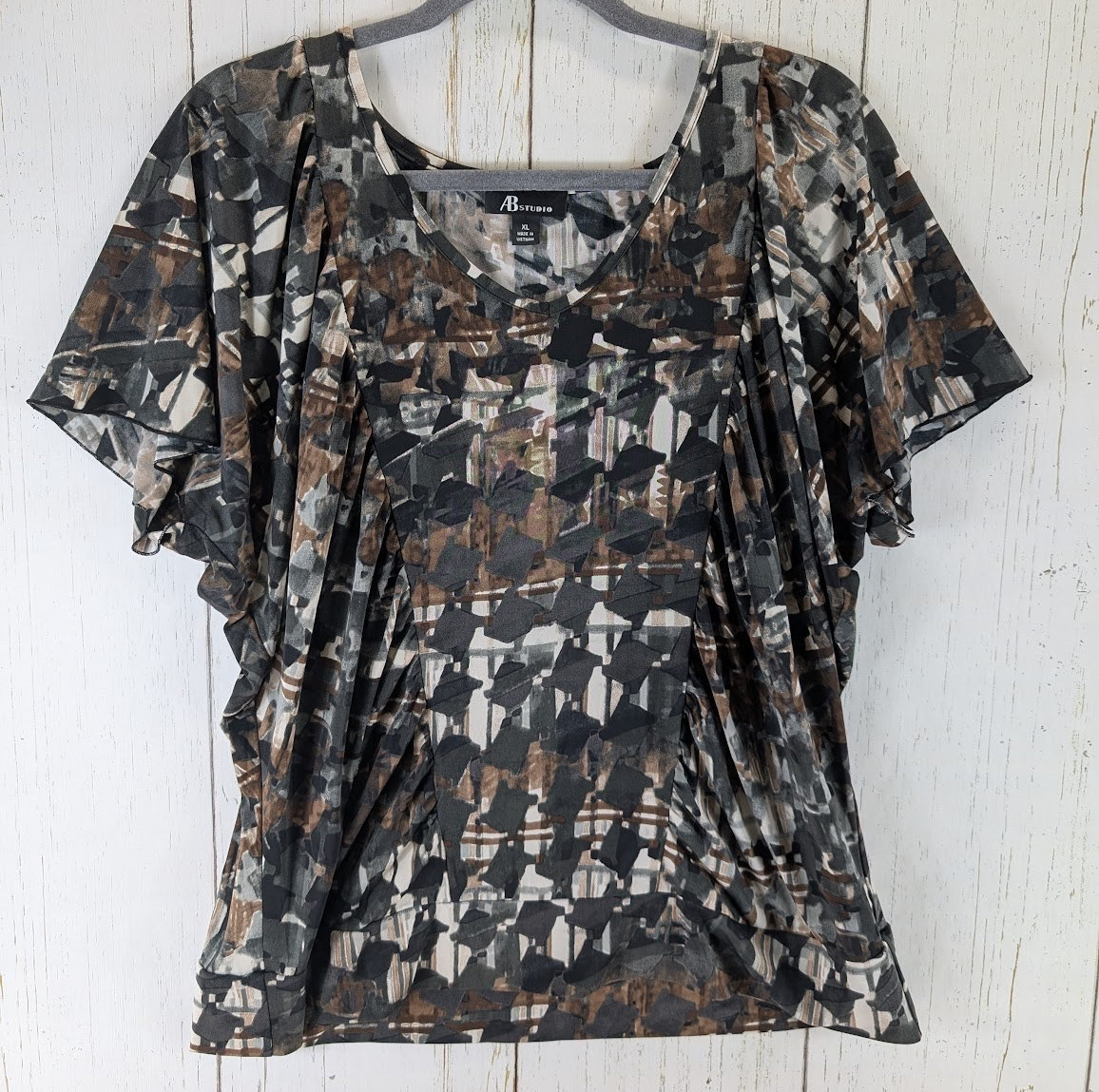 AB Studio Size XL Womens Multicolor Print Short Sleeve Blouse