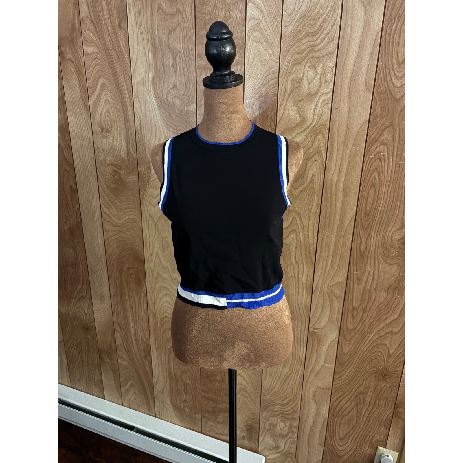 Zara Knit Womens Black Sleeveless Crop Top Blue White Striped Trim Medium