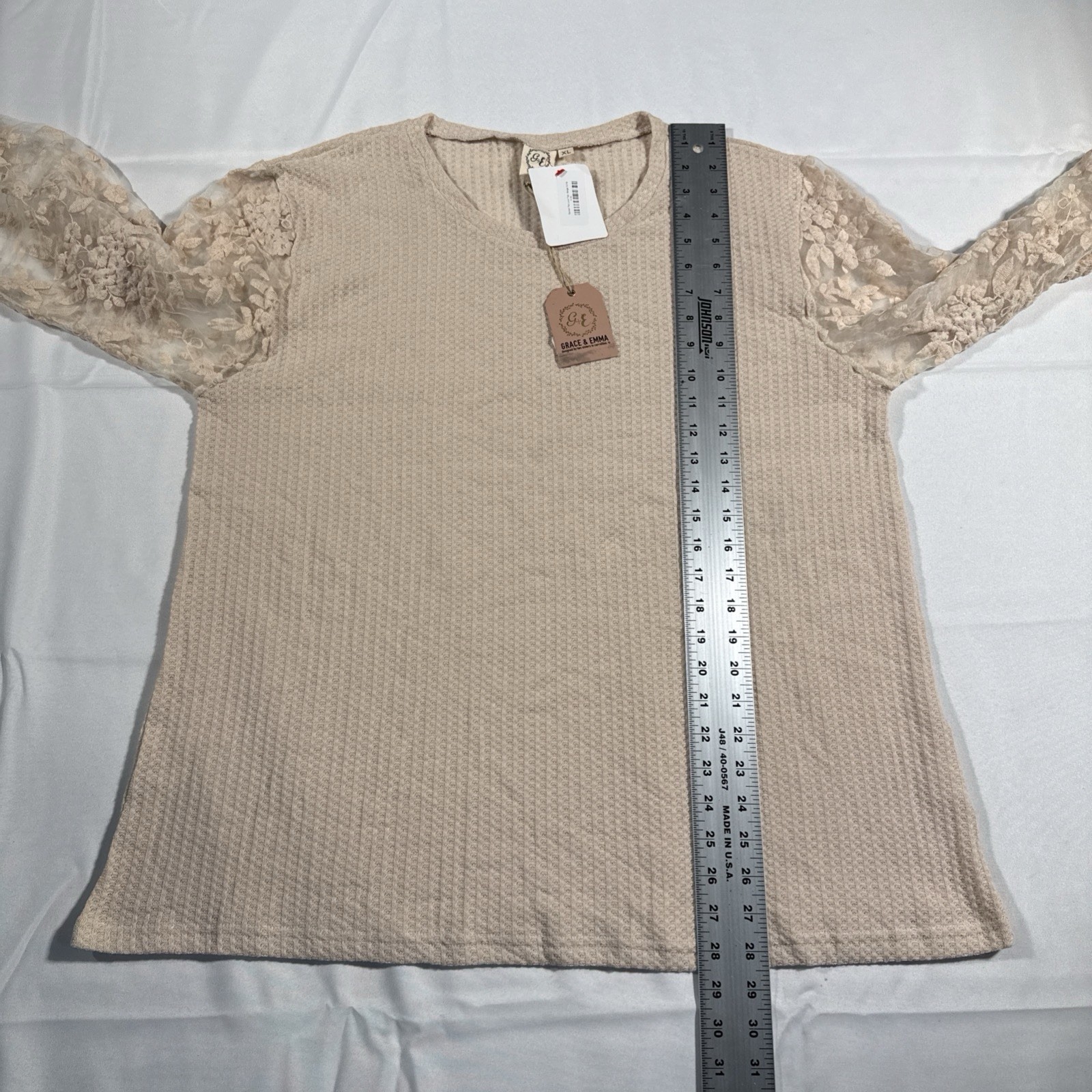 Grace & Emma Perfectly Priscilla Waffle Knit Lace Sleeve Blouse XL NWT