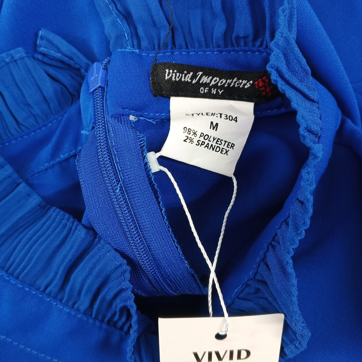 NWT VIVID Women Blouse MEDIUM(8-10) Flared Sleeves Back Zip Blue Woven Mock Neck