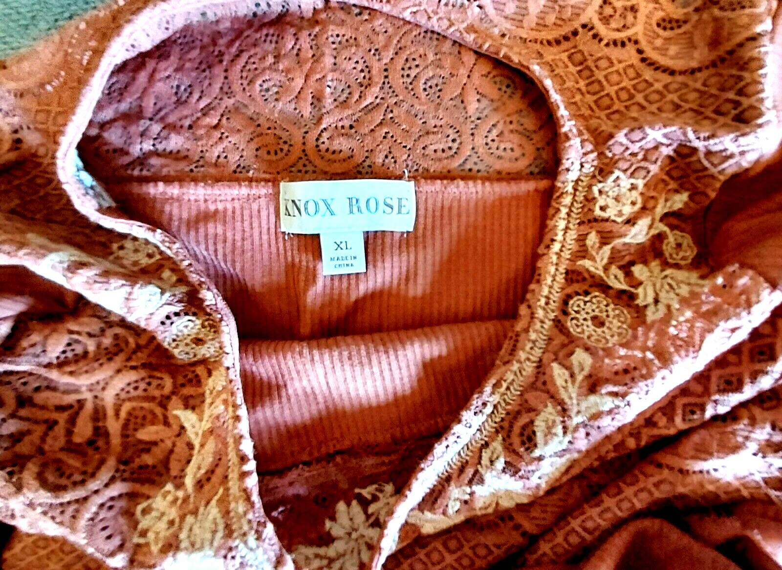 Knox Rose Long Sleeve Top Sz XL Rust Orange Embroidered Scoop Neck Lace Trim
