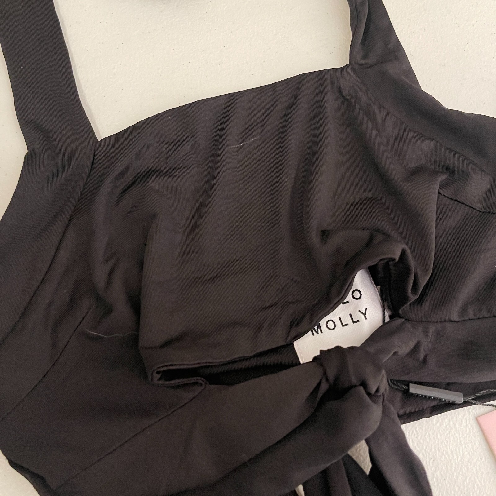 Hello Molly Halter Top Women’s Small Black Strappy Dominoes Crop Tie Shirt NWT