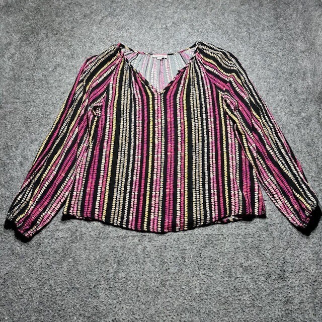 Andree By Unit Women’s Size M Blouse 100% Rayon Multi-Colors Long Sleeve V-Neck