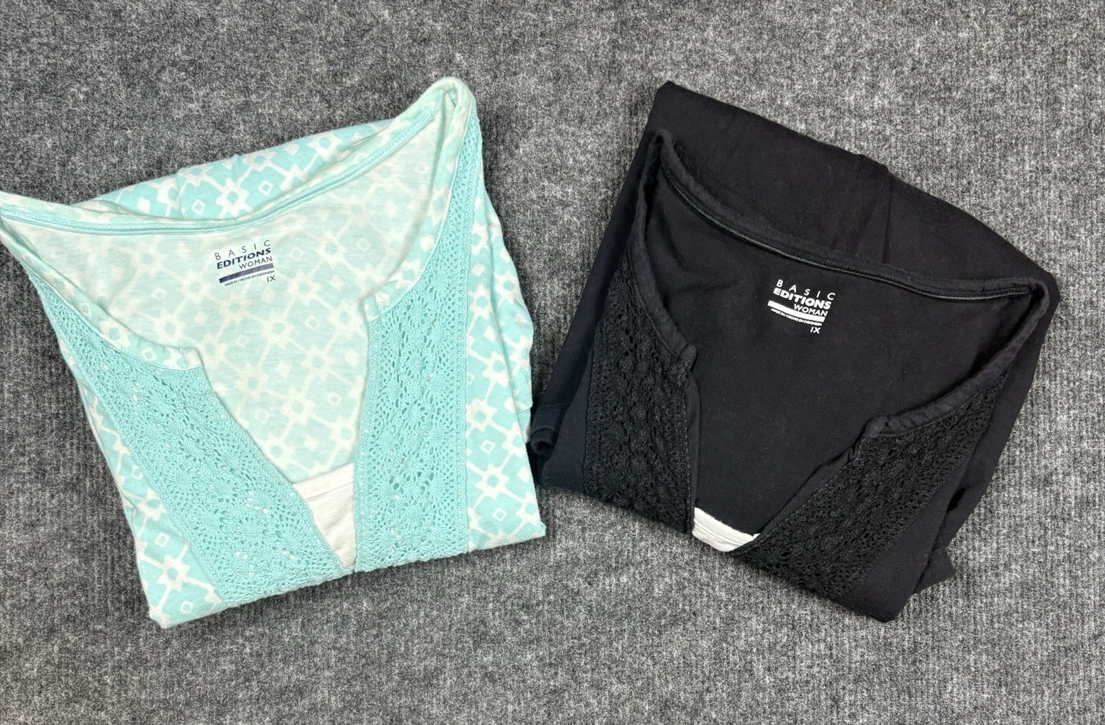 Basic Editions 2 Pack Woman’s 1X Tops Aqua&White And Black&White 100% Cotton
