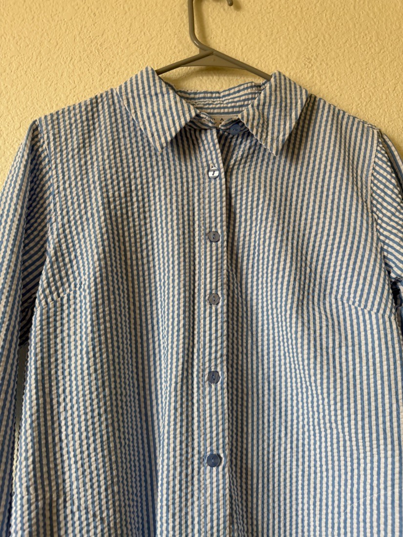 Joan Rivers Womens Seersucker Shirt Blue White Stripe Button Down SP