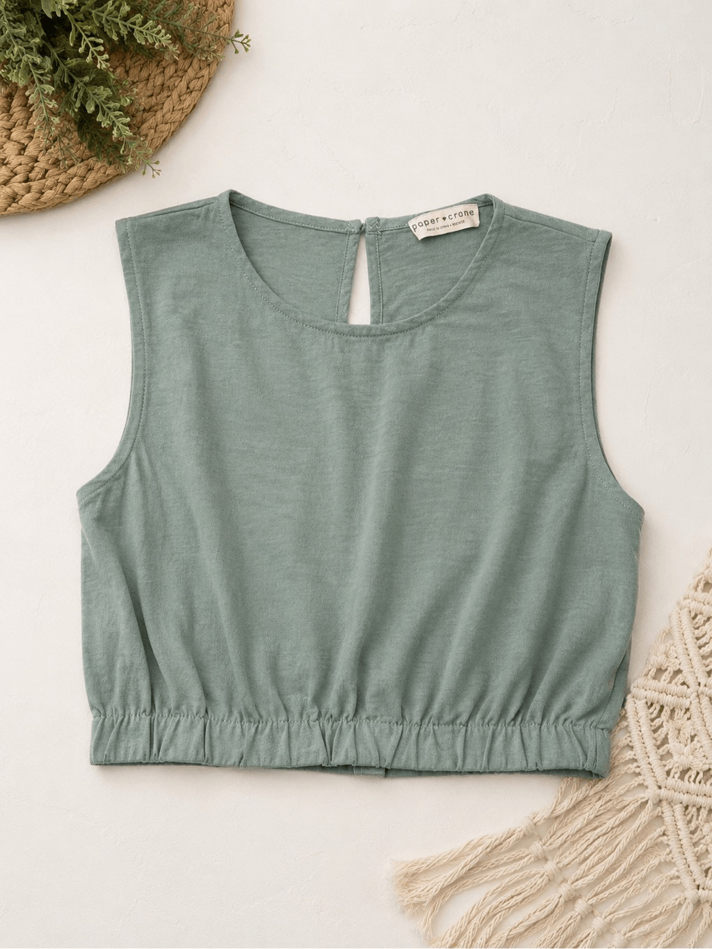 Paper Crane Sage Green Sleeveless Crop Top Size Medium Elastic Hem Boho