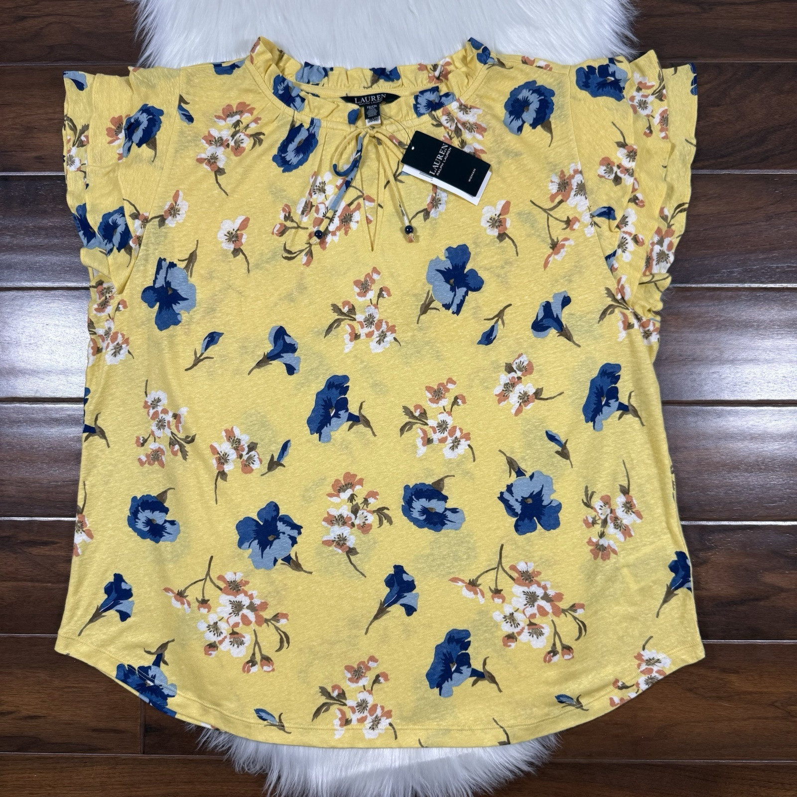 Lauren Ralph Lauren Women’s Size 2X Yellow Floral Linen Bld Jersey Tie Neck Top