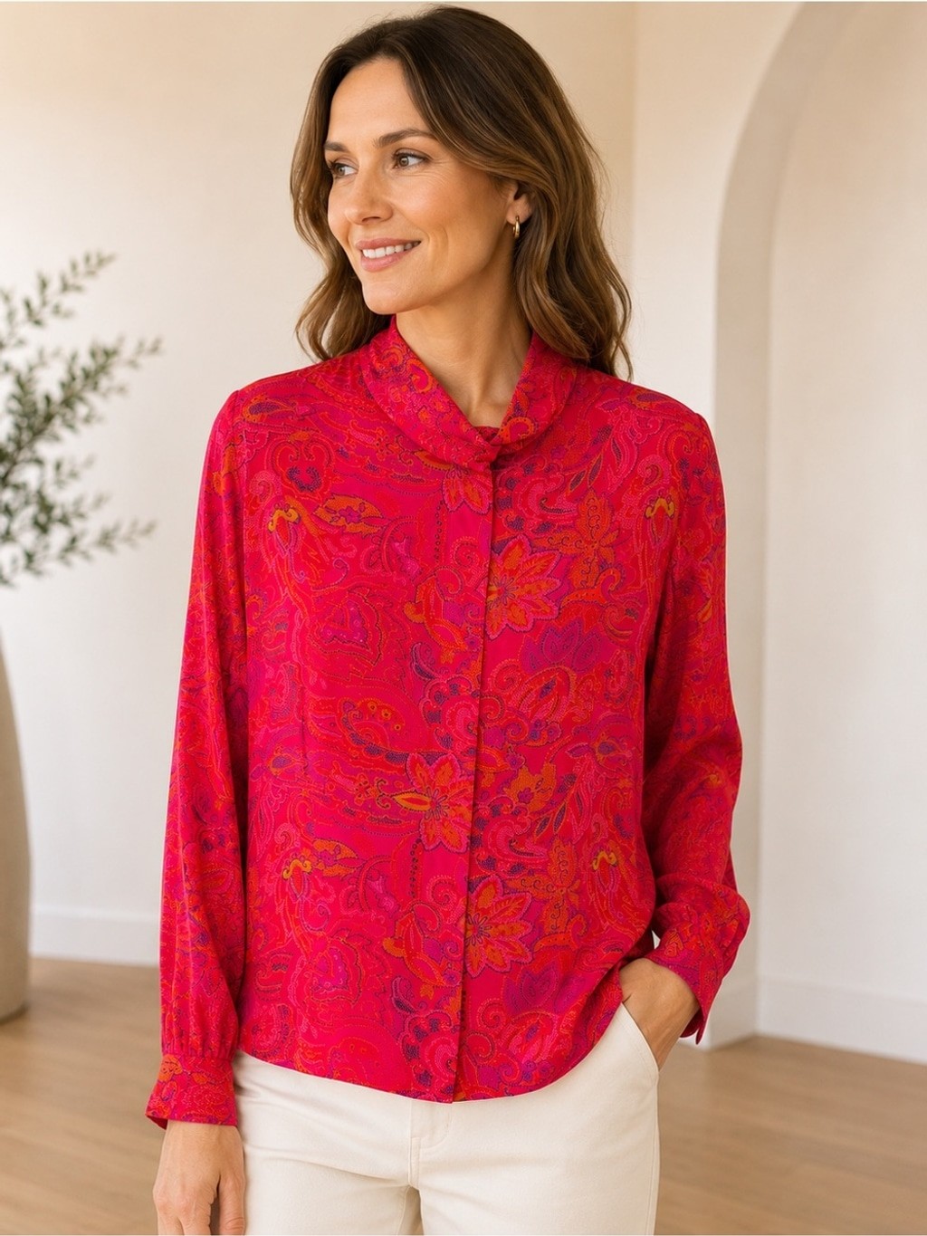 Evan Picone Pink-Red Paisley Button-Front Blouse