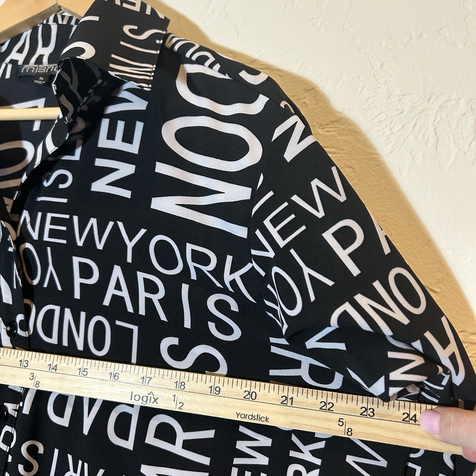 Mishca XL Black White City Print Button Front Blouse Paris New York London
