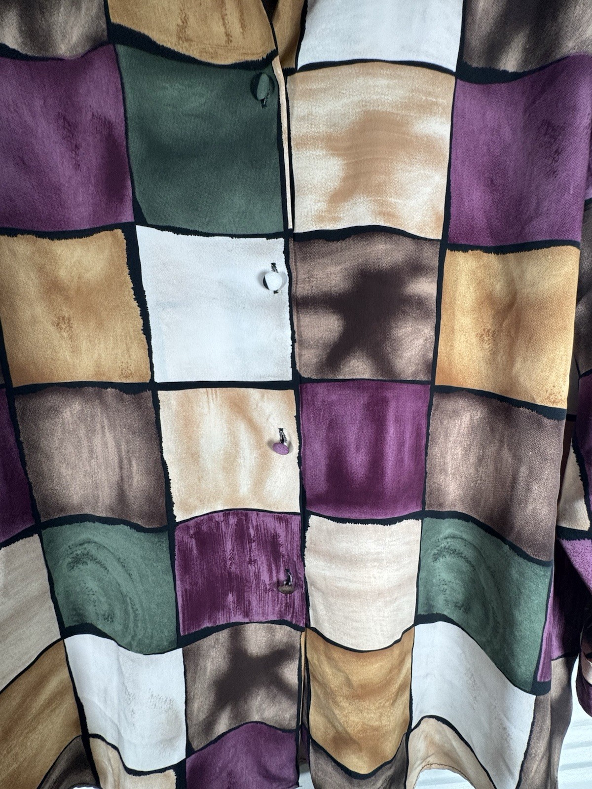 Vintage 90s Geometric Patchwork Blouse Large Sheer Artsy Button Up Made Korea