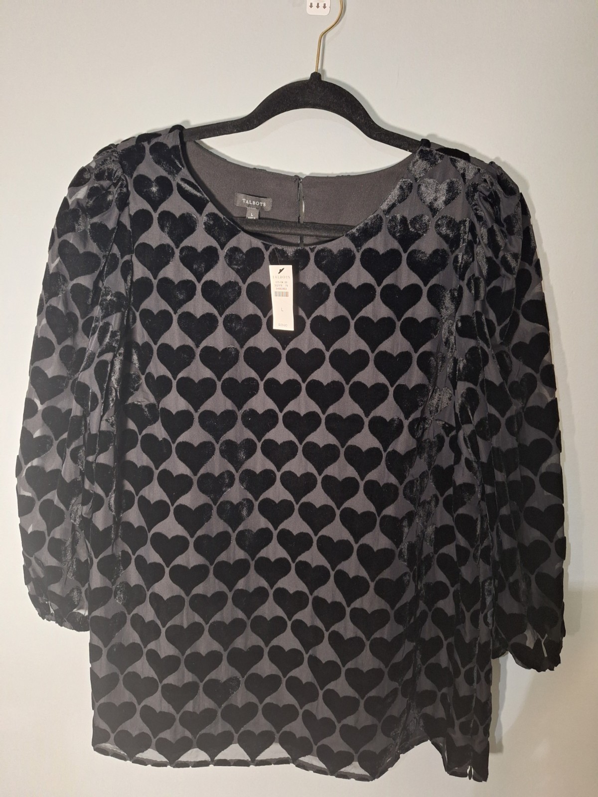 Talbots Velvet Burn Out Balloon Puff Sleeve Blouse Womens L Black Hearts Novelty