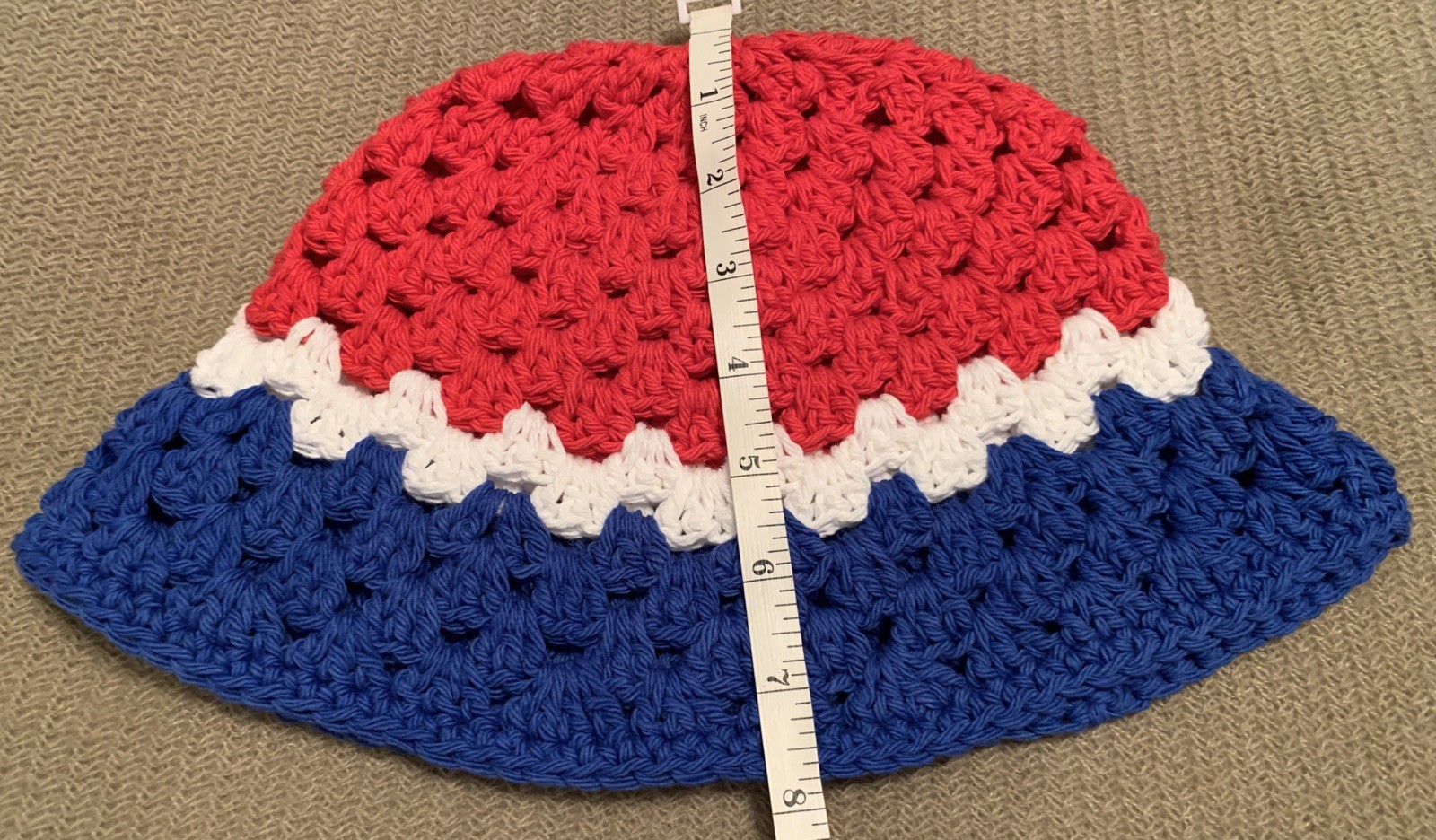 Crochet Boho Beach Bucket Hat Red White Blue MULTI America Cotton
