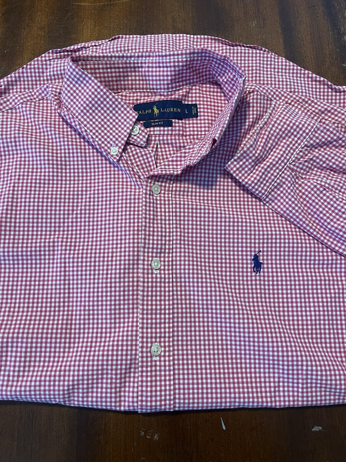 Ralph Lauren Men’s Slim Fit Button-Down Shirt Sz Large Pink Gingham Blue Pony