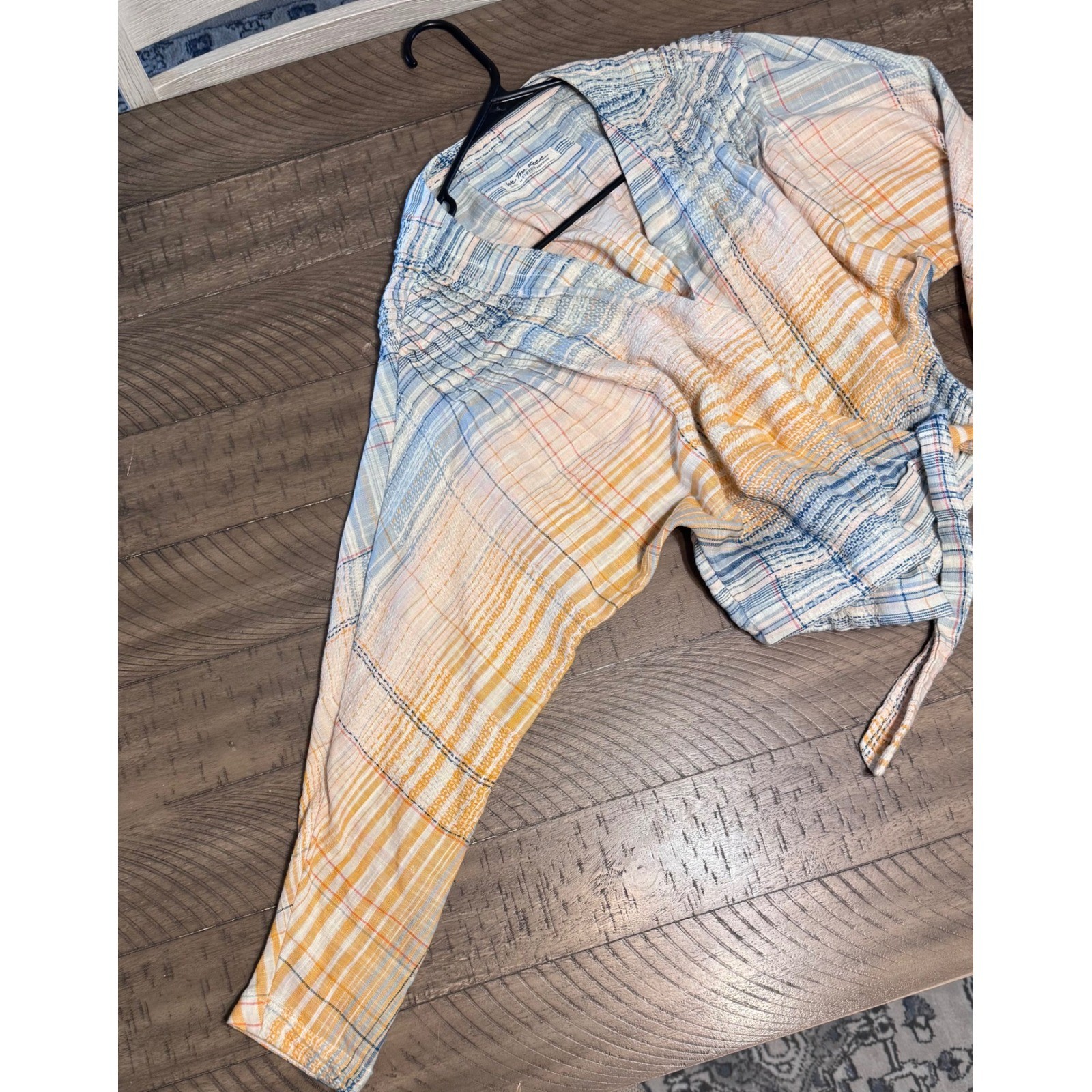 We The Free People Plaid Wrap Top Orange Blue Long Sleeve V-Neck Blouse Small