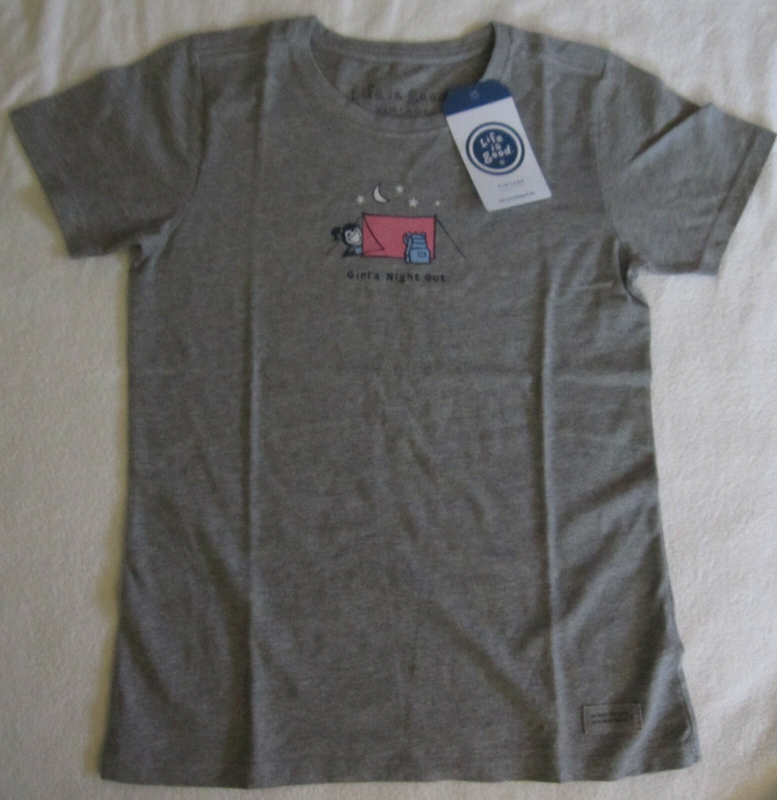 LIFE IS GOOD Camping Tent Jackie Girls Night Out SS TShirt NWT Womens Size XS