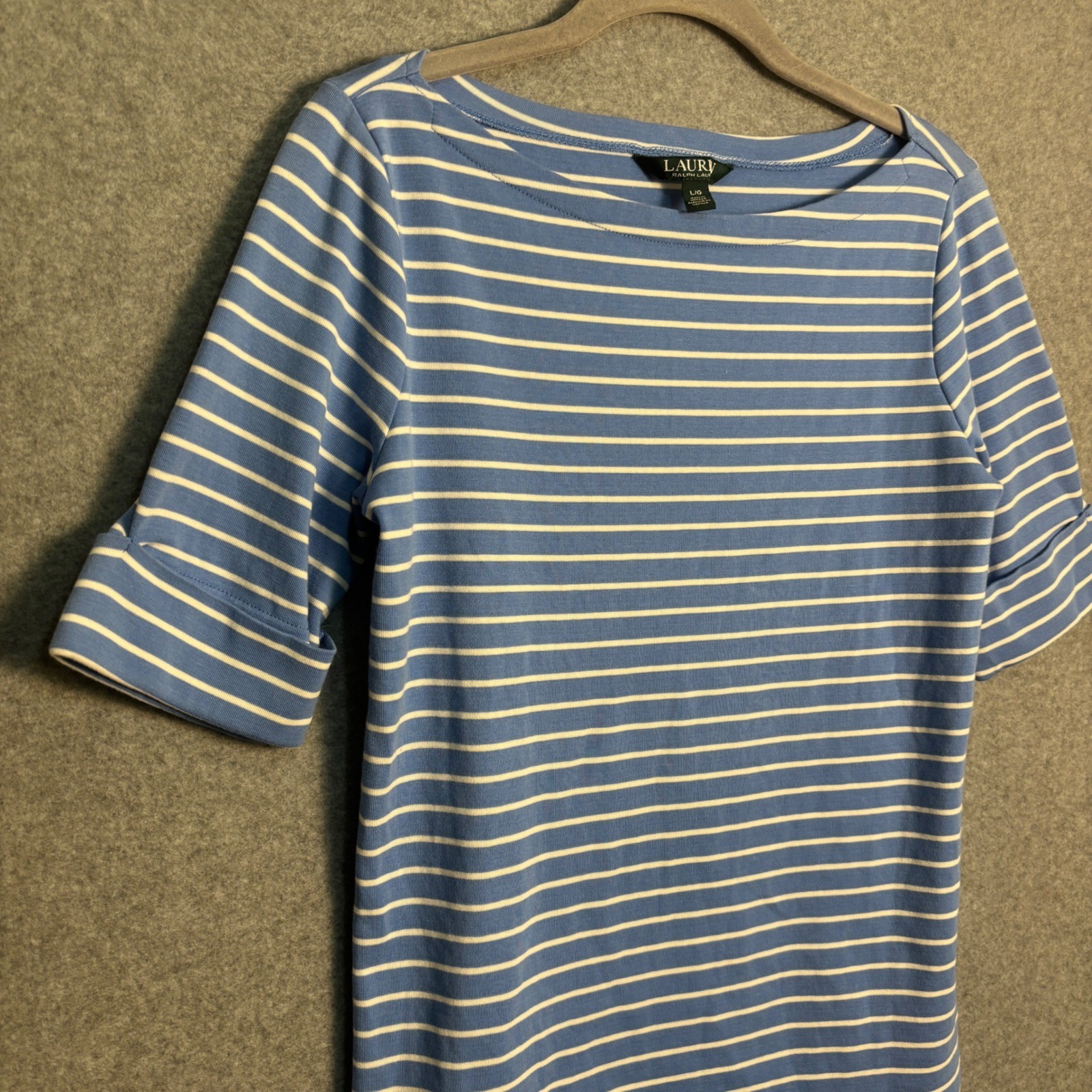 Lauren Ralph Lauren Women’s Striped Boat Neck Top Large Cotton Stretch Blue