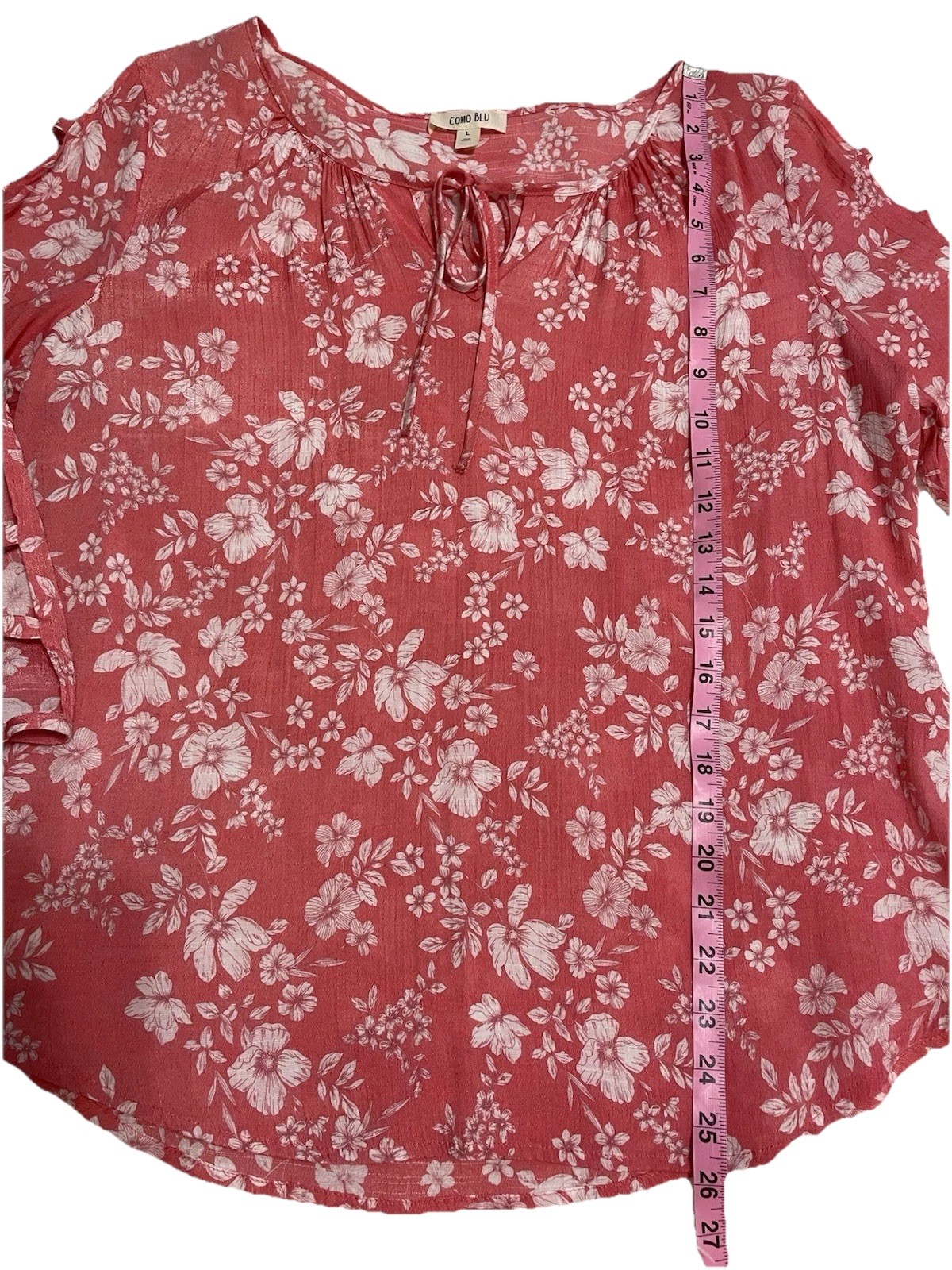 Como Blu 3/4 Sleeve Lightweight V-neck Front Tie Top Blouse L Floral Summer