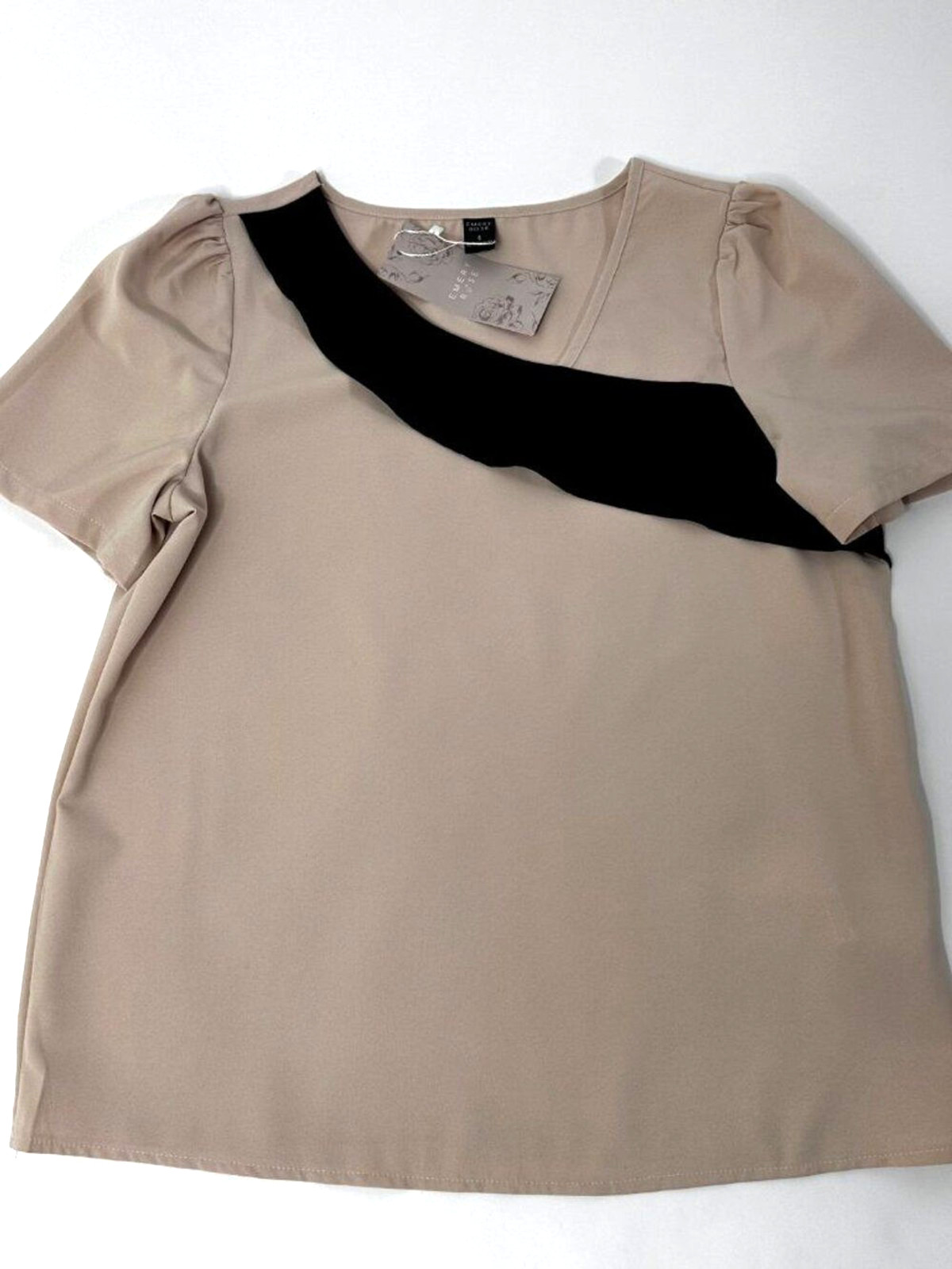 Emery Rose Beige Black Colorblock Top Puff Sleeve Blouse Women’s Size S