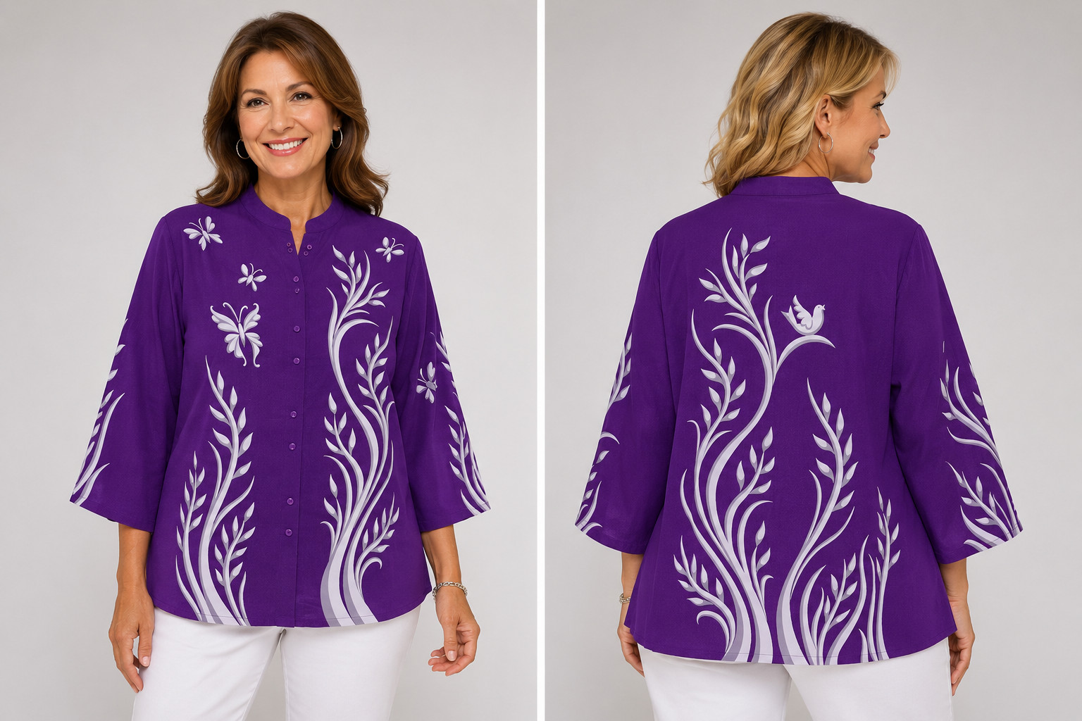 Vtg Bob Mackie Wearable Art Blouse 100% Silk Purple XL Butterflies Bird Artsy