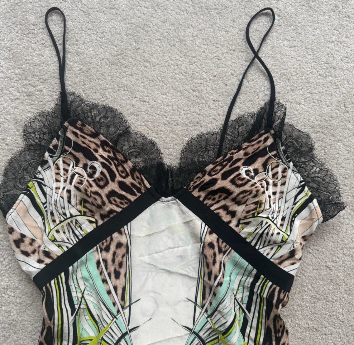 Roberto Cavalli 100% Silk Leopard, Florals And Lace Fairycore Cami Top