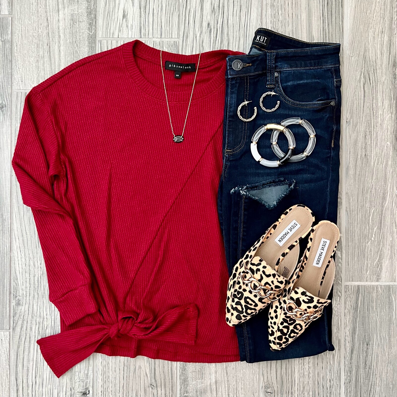 Gibsonlook Waffle Knit Tie Knot Long Sleeve Top