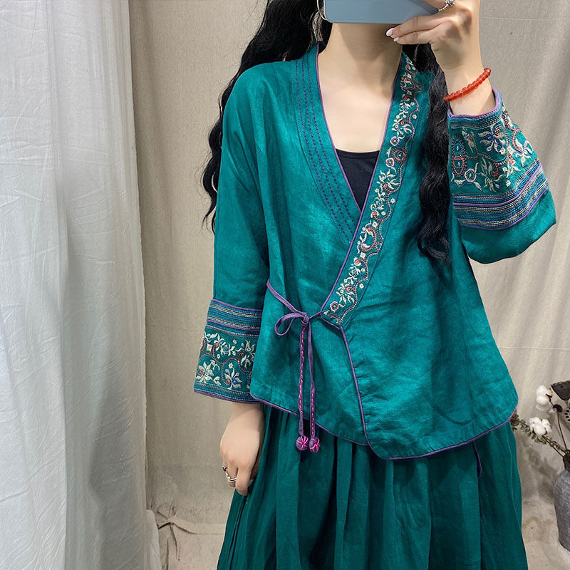 Women Chinese Style Embroidery Cardigan Shirts Casual Linen Lace Up Vintage
