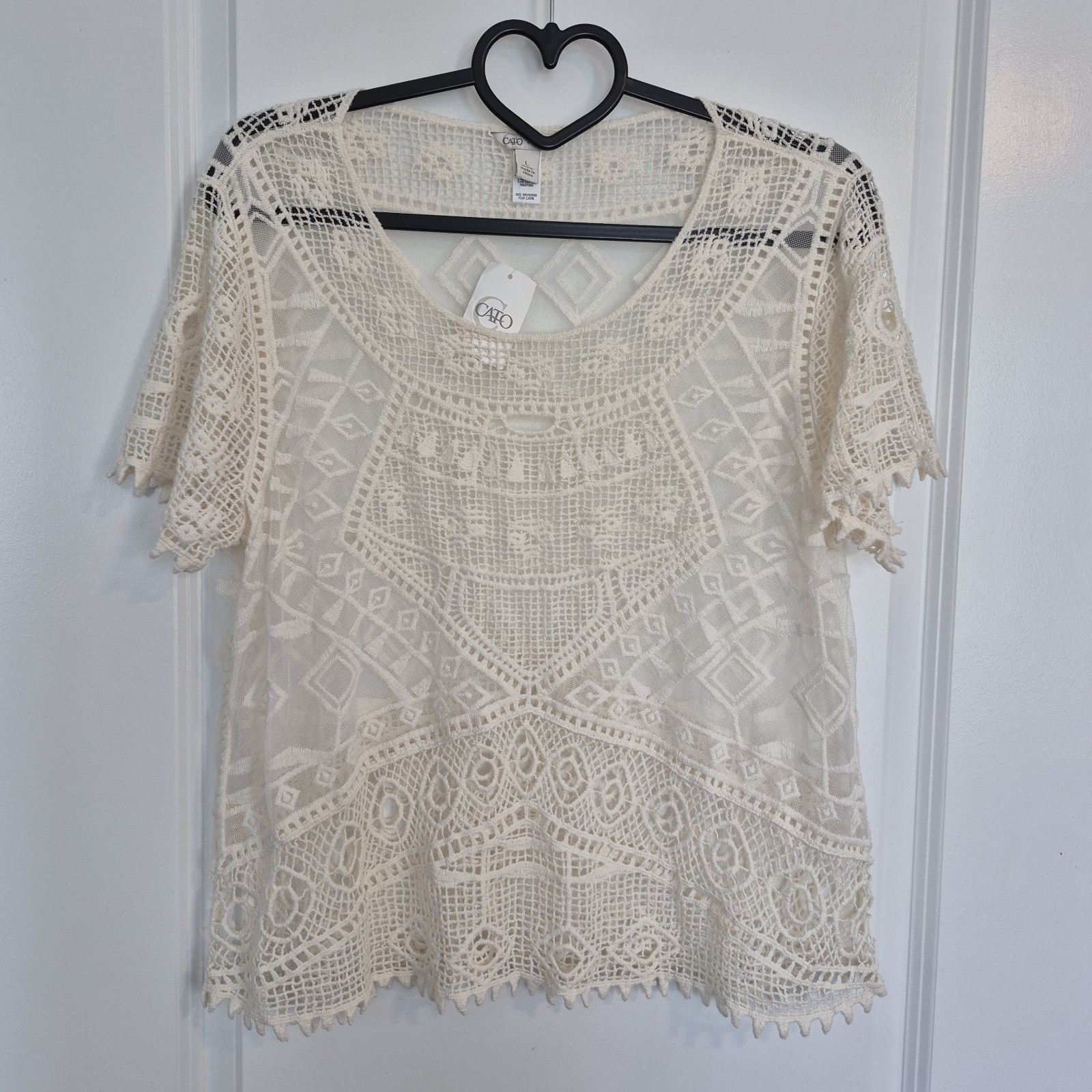 NWT Cato Cream Lace Mesh Crochet Sheer Top Boho Festival Blouse Womens Large