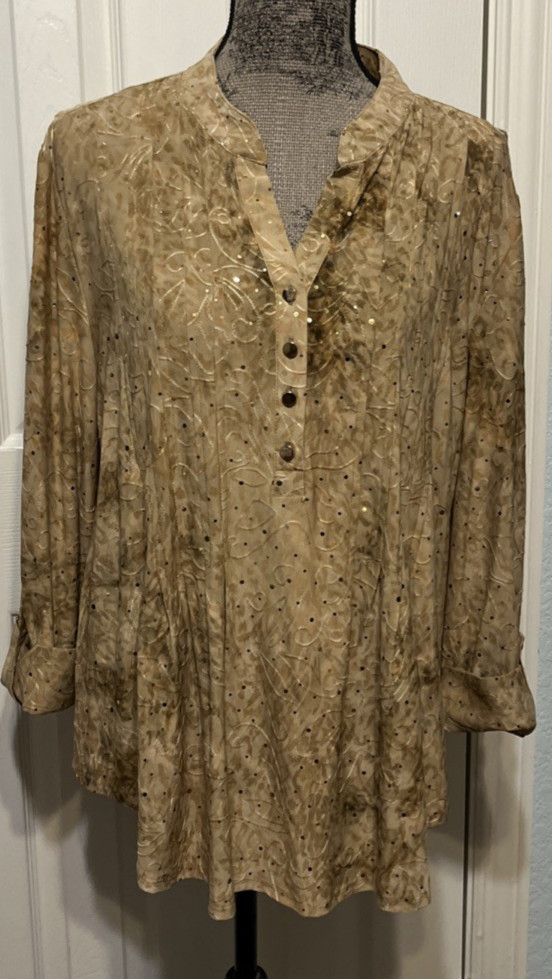 Cocomo Beige/Gold 3/4 Roll Tab Sleeves Sequin Popover Blouse Size XL NWT