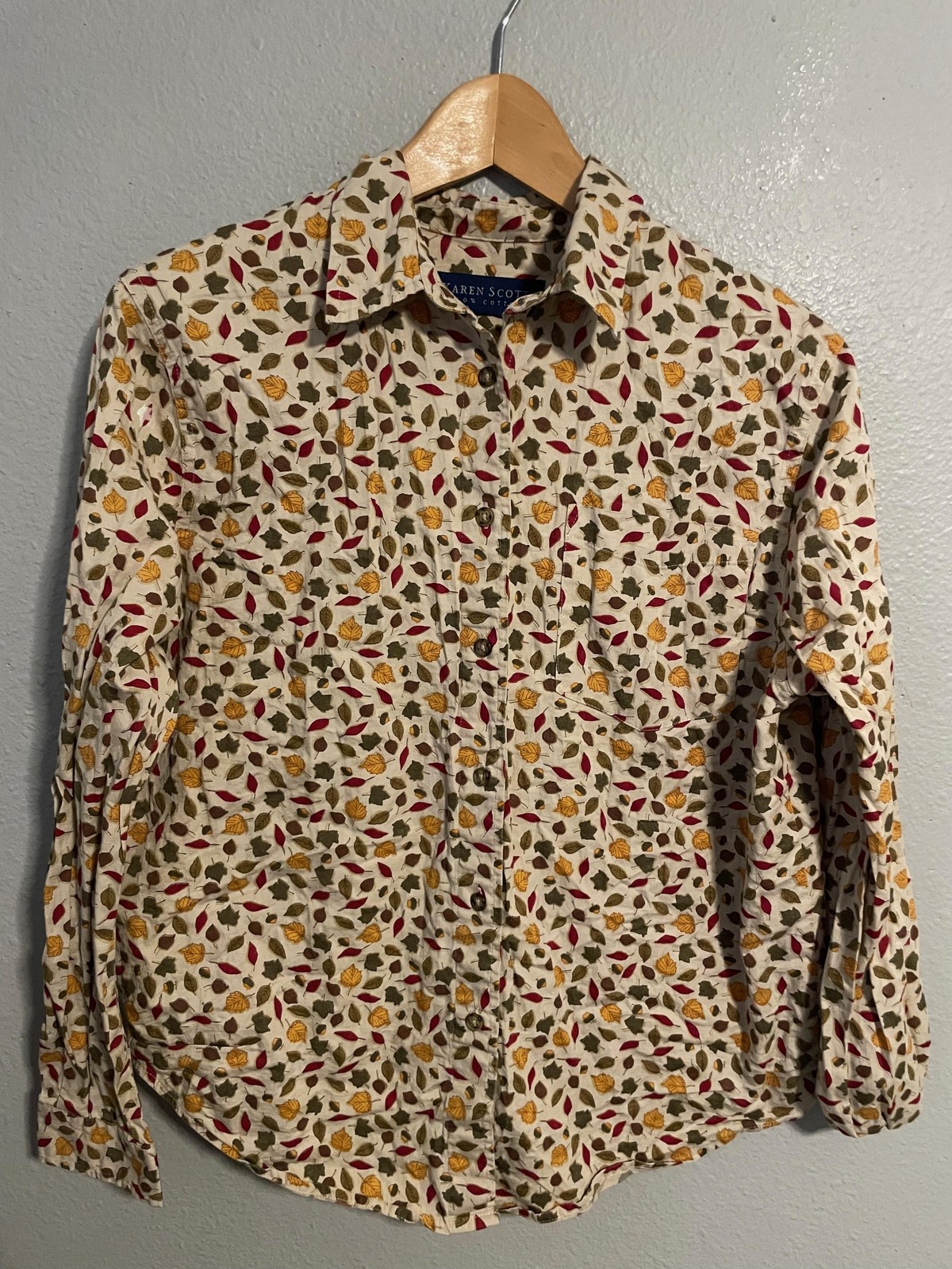 Karen Scott Button Up Womens Small Multicolor Fall Leaf Print Autumn Artsy Boho