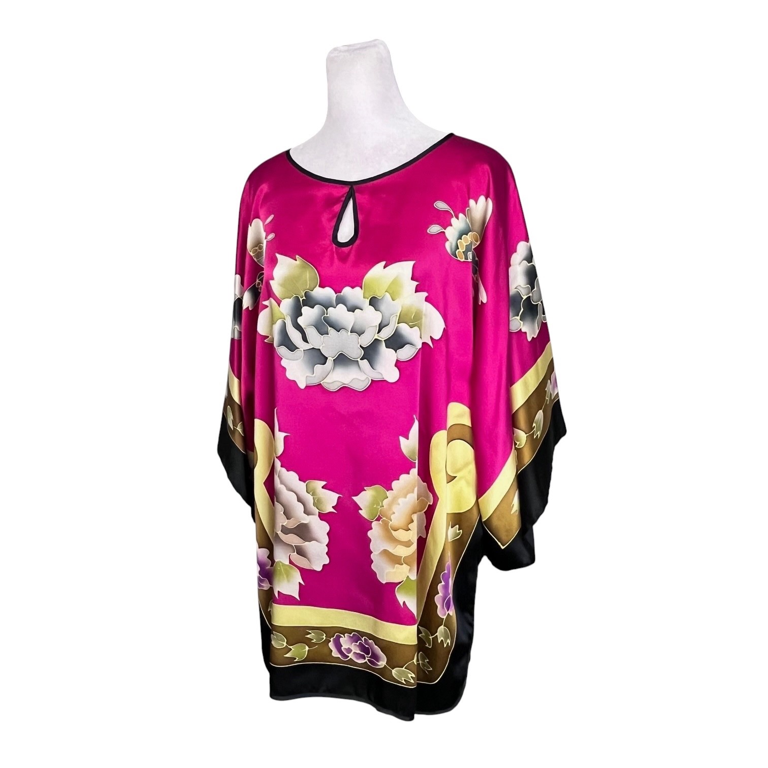 100% Mulberry Silk Pink Peony Floral Kaftan Blouse One Size Fits Most
