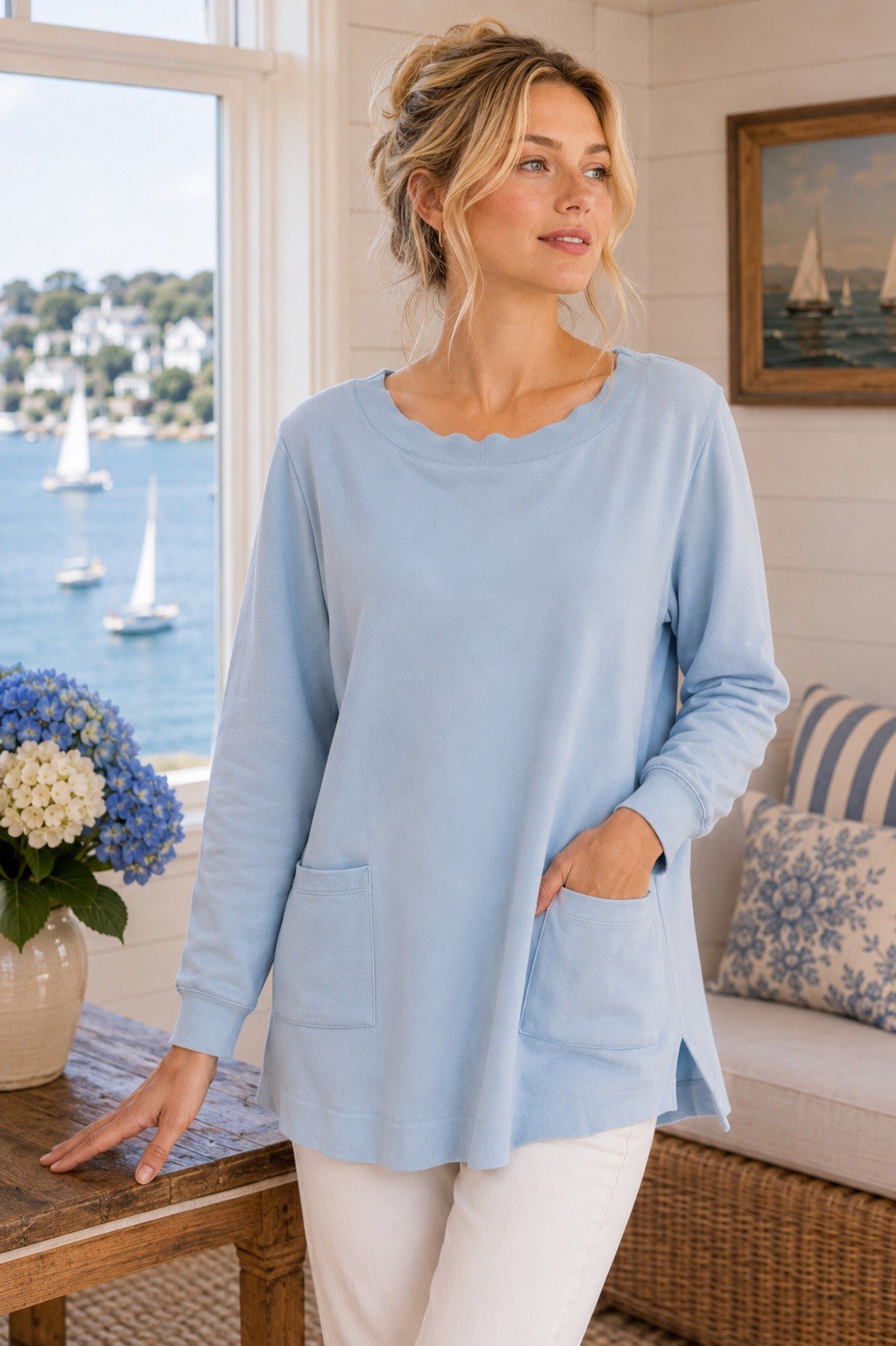 Soft Surroundings Women’s Blue Pocket Tunic Sweatshirt PL Cozy Comfort Long