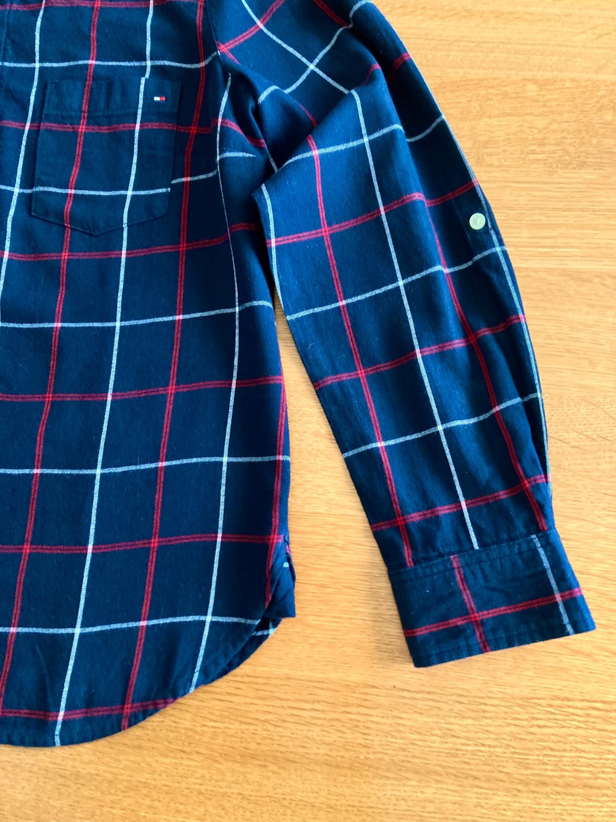 Women’s Tommy Hilfiger Quarter Button Long Sleeve Navy, Red, White Plaid Shirt-M