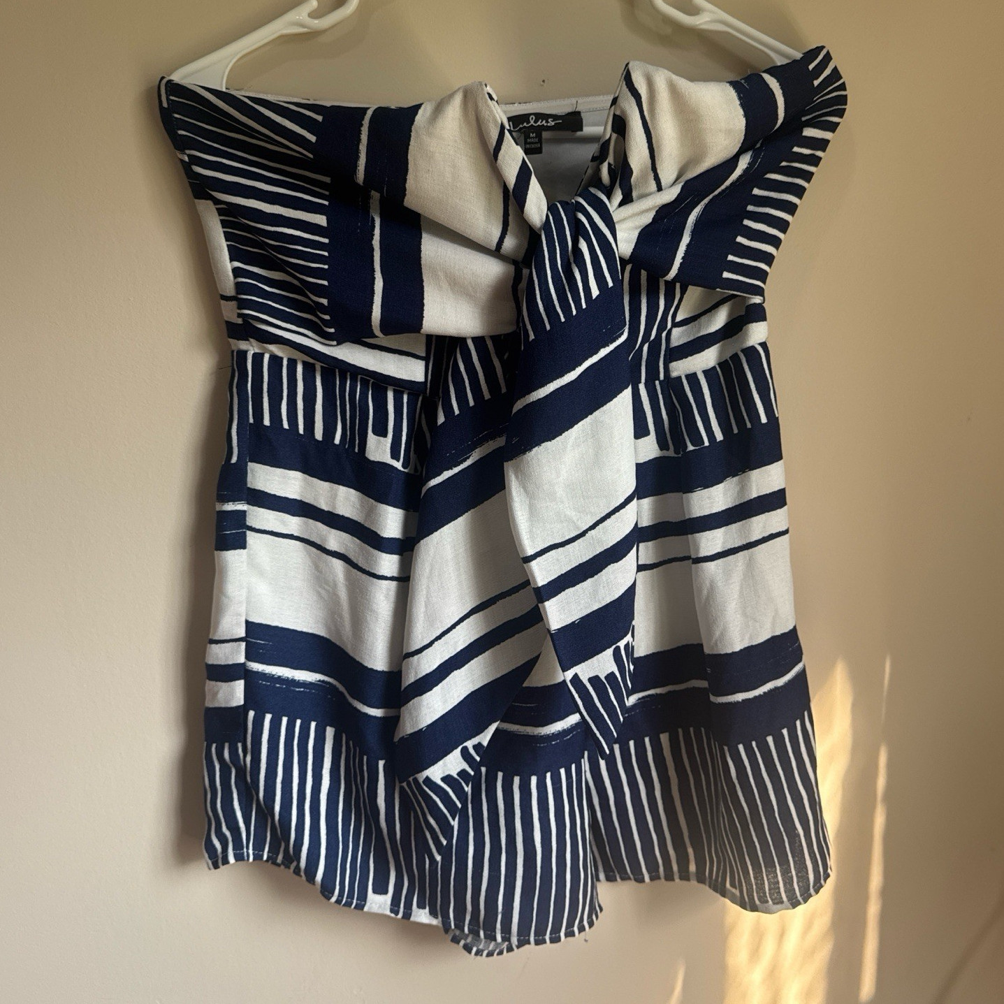 Lulus Blue & White Striped Strapless Tube Top with Bow Accent, Size M