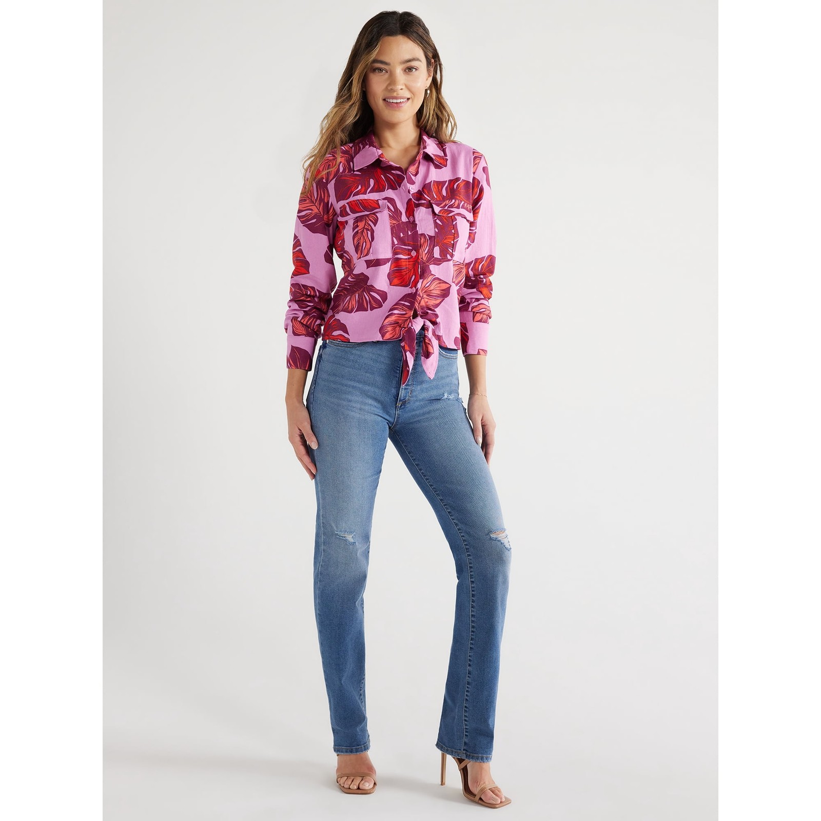 Sofia Jeans Women’ Linen Blend Tie Front Top with Cargo Pocket Size L –U5–