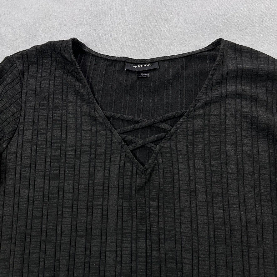 AB Studio Knit Top Women XL Black Heather Bell Sleeve Faux Lace Up Neckline
