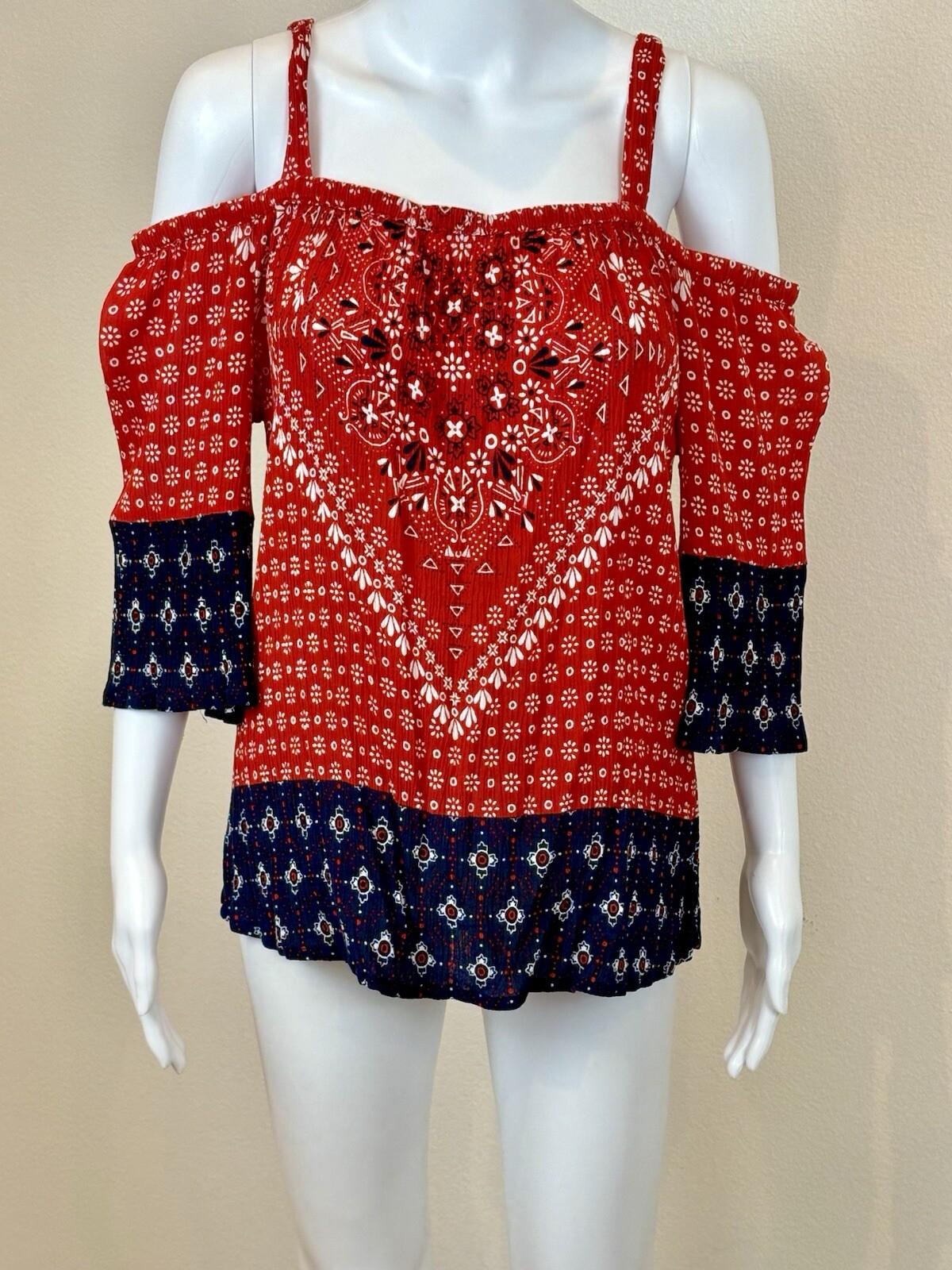 Bila Off-The-Shoulder Peasant Festival Bandana Print XL Red Gypsy Boho Chic