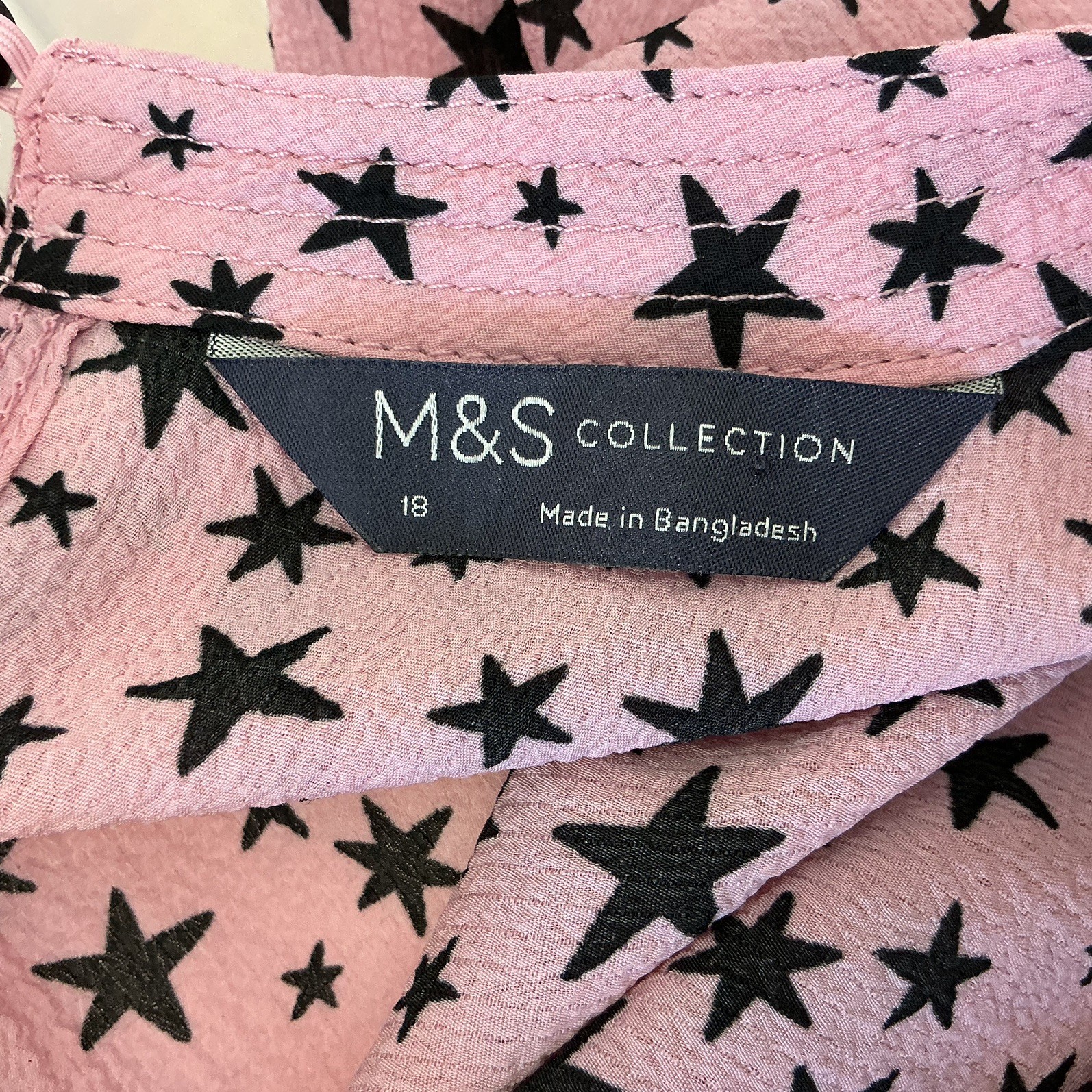 Marks & Spencer Top Size 18 Pink with Black Star Print Round Neck Long Sleeves