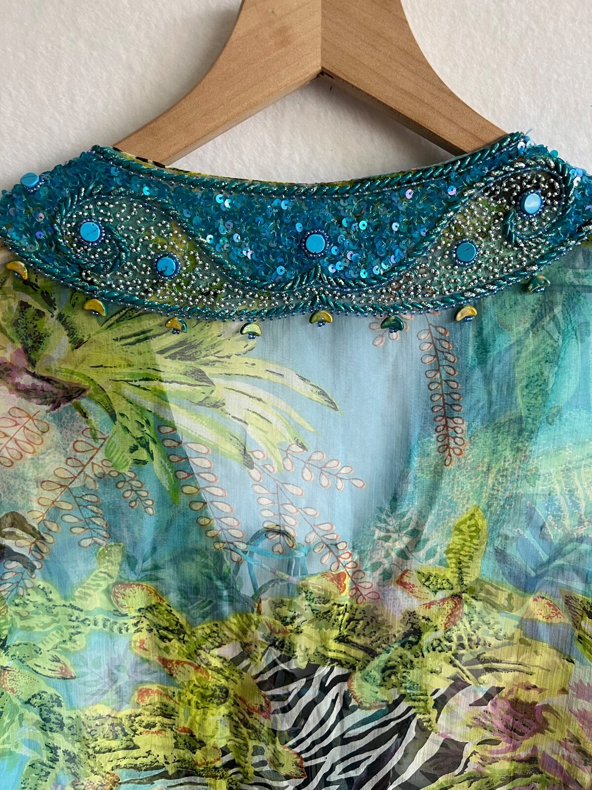 “From The Heart” Women Sheer Floral Print Beeded Cover Ups Size S Made In India