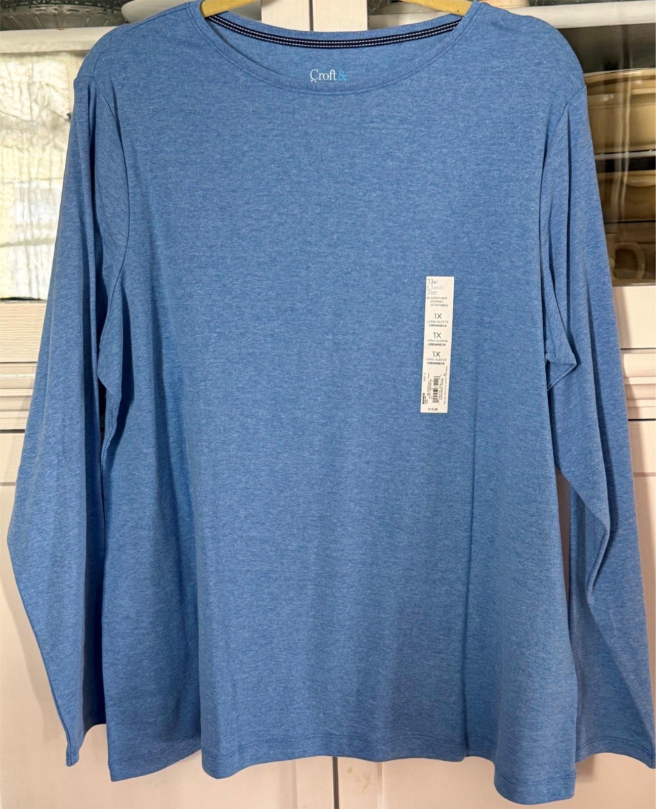 CROFT&BARROW CLASSIC TEE Woman PLUS 1X Cotton Top Shirt Crew Long Sleeve BLUE