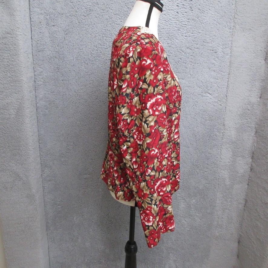 Vtg Leslie Fay Blouse Womens 12 Red Floral Lace Collar Button Front Long Sleeve