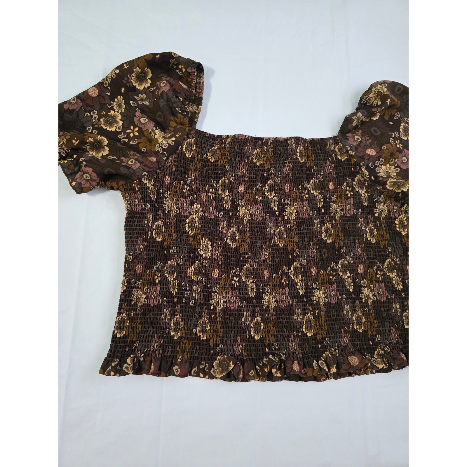C by One Brown Floral Smocked Puff Sleeve Blouse Square Neck Top Large
