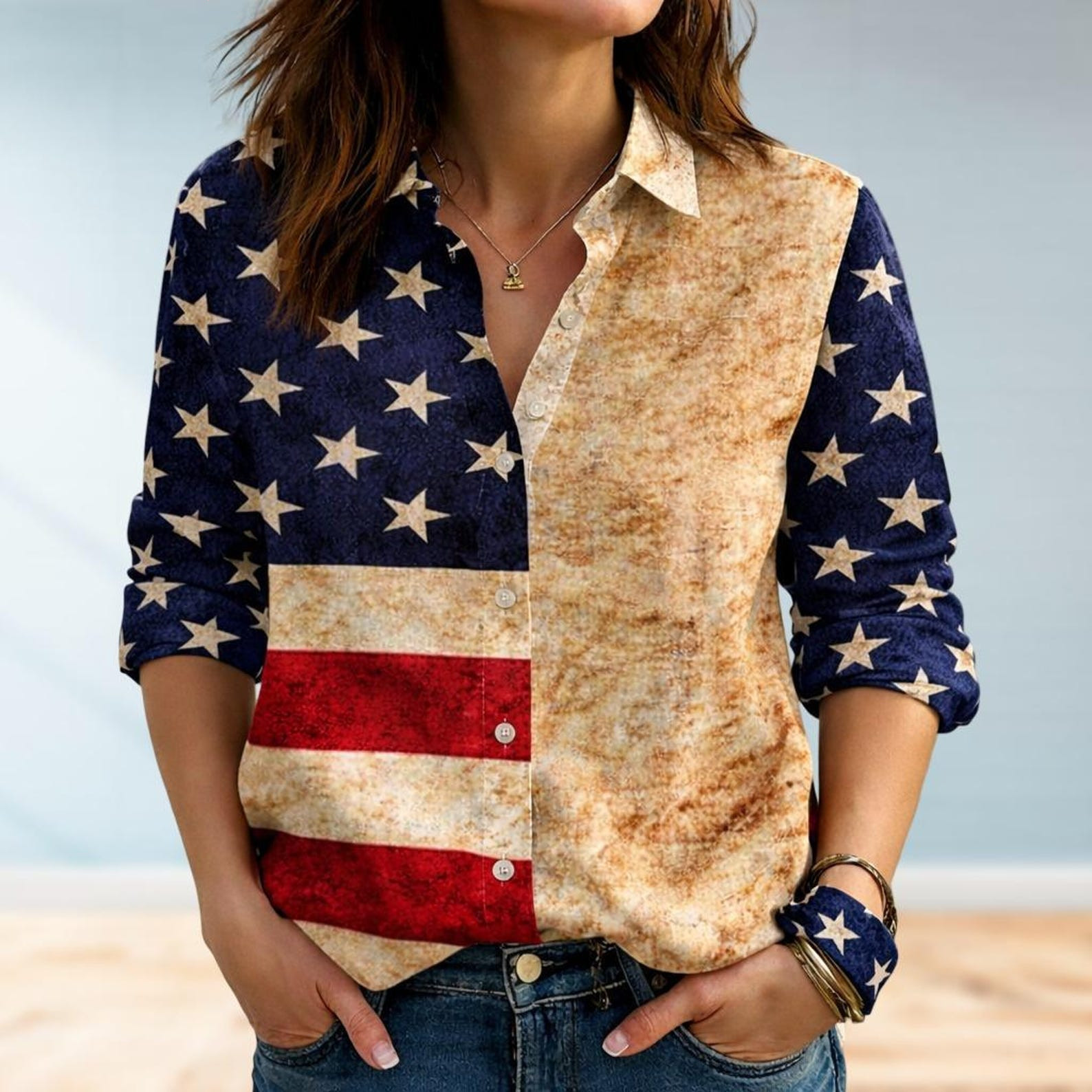 Usa Flag Women Blouse Shirt, Usa Women Shirt, Patriotic Casual Shirt