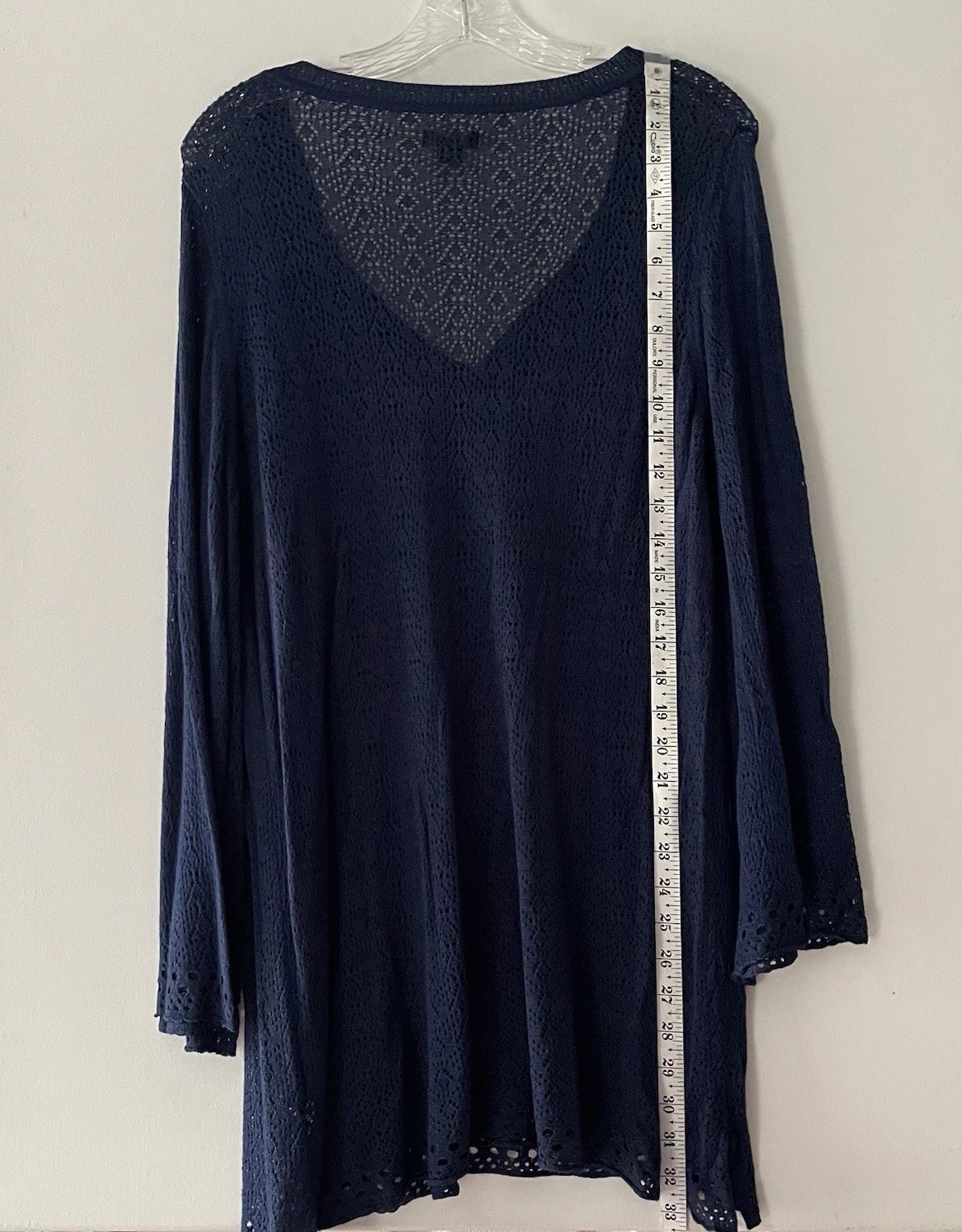 New Directions Women Large Midnight Blue Shimmer Crochet Open Knit Tunic Top