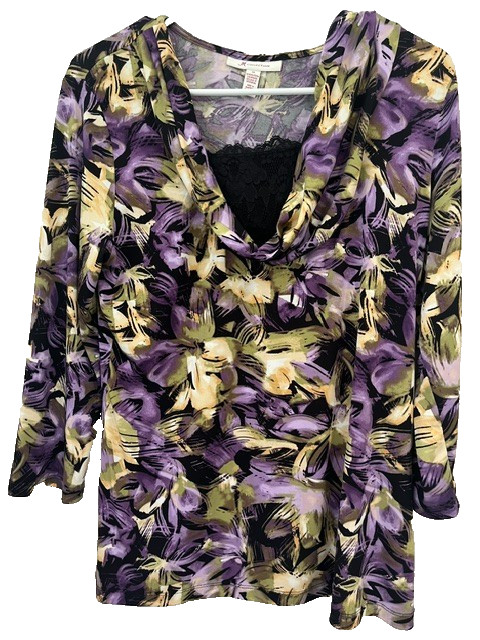 JM Collection W V Pullover Sz Med Lace Bosom Floral Poly Blend