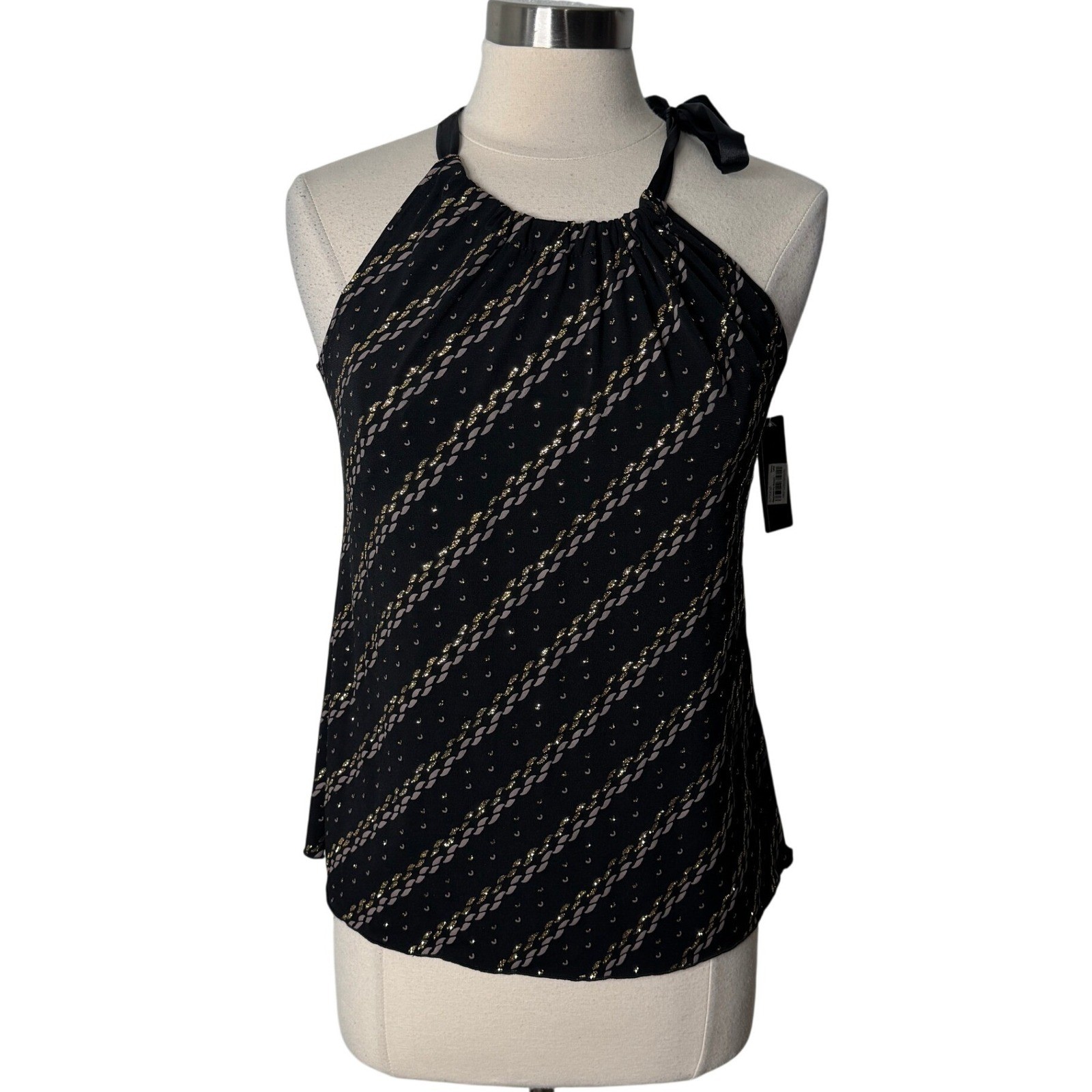 BCX Womens Halter Neck Top Black Gold Glitter Stripe Satin Bow Blouse Medium NEW