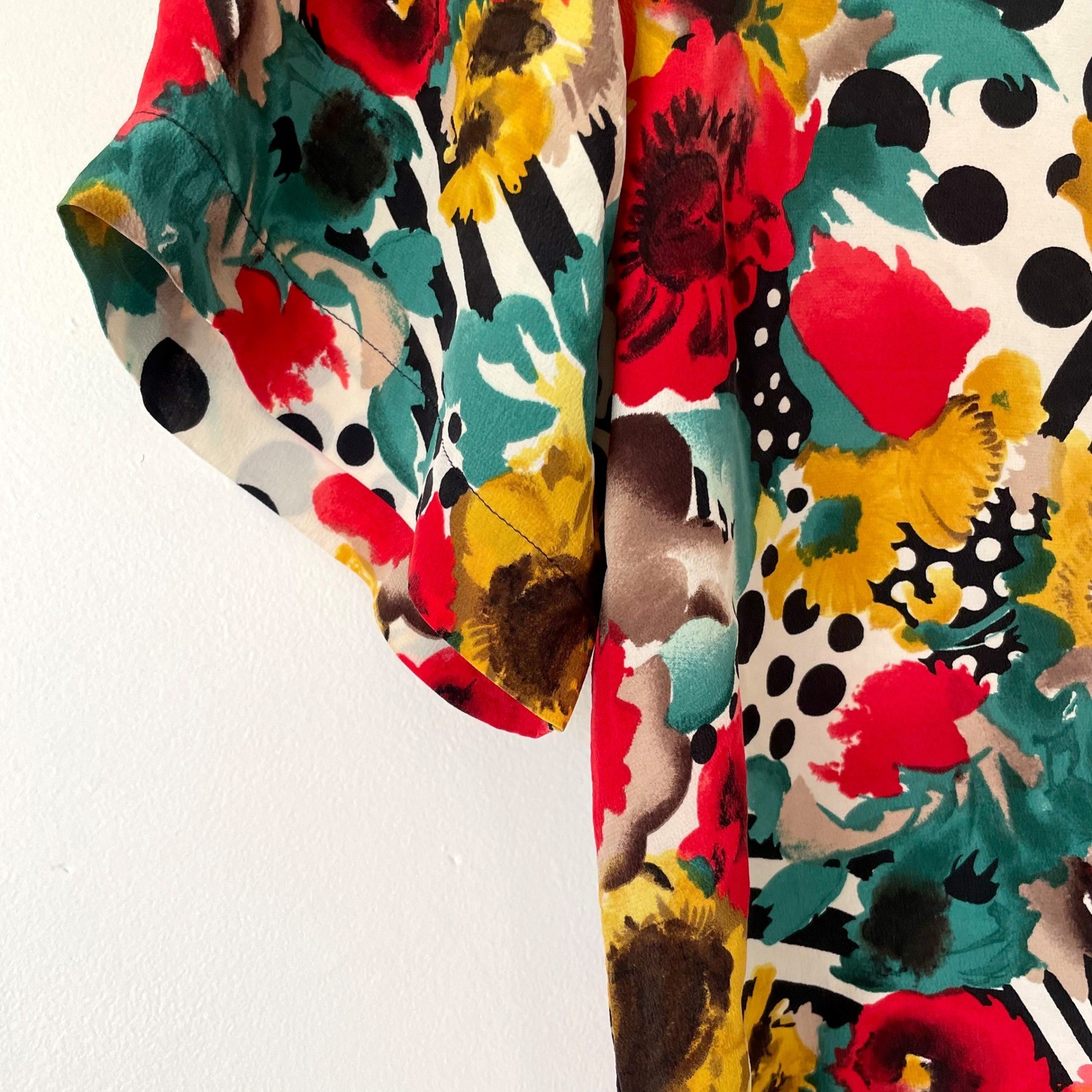 Vintage Floral Silk Blouse Top Medium Polka Dot Stripe Maximalist Dopamine